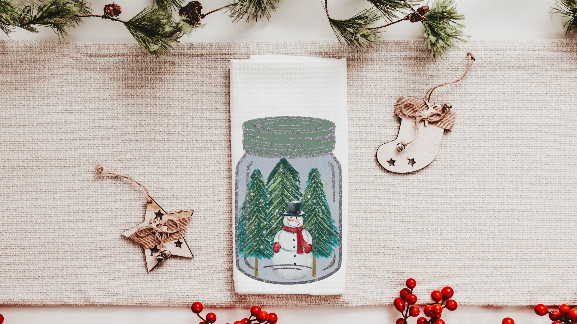 farmhouse Christmas kitchen towels set of 3, Merry Christmas canning jar hand towels for bathroom, snowman kitchen decor, hostess thank you