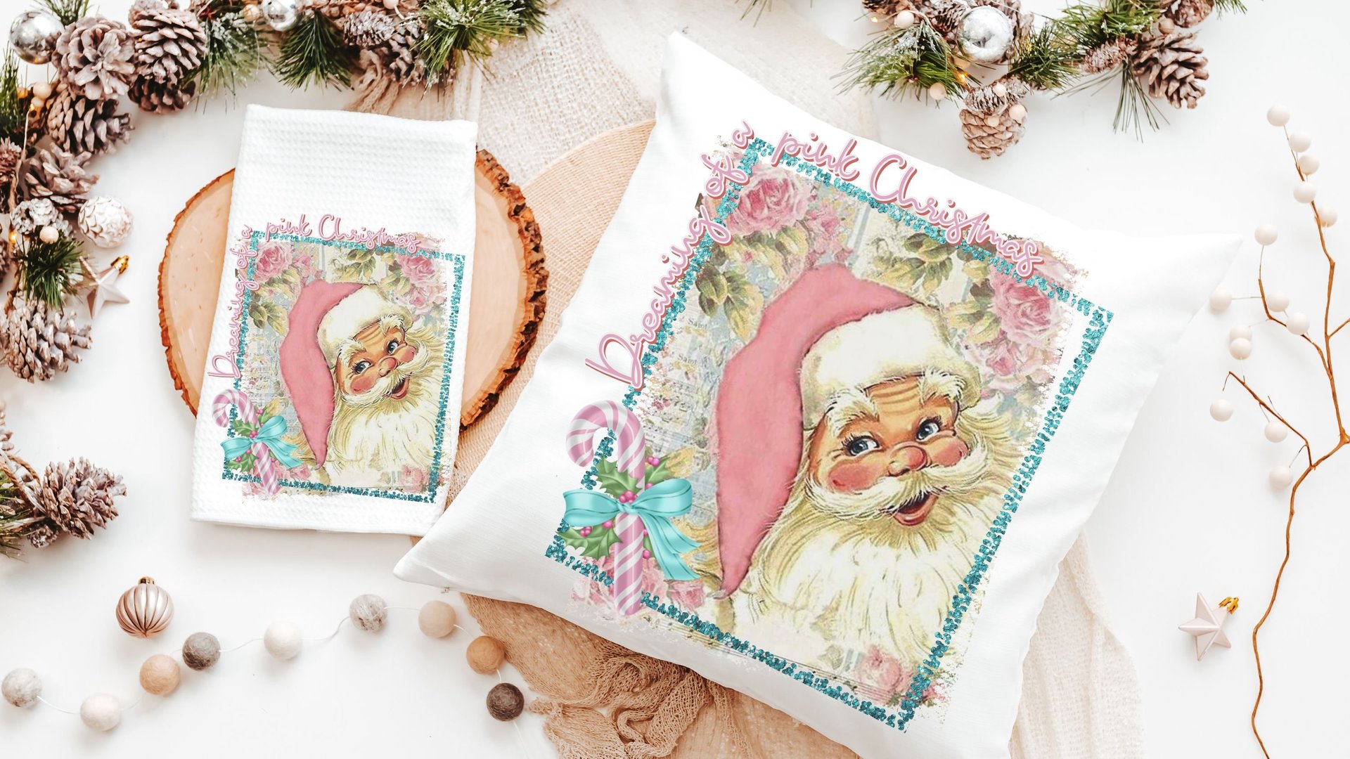 dreaming of a pink Christmas throw pillows for sofa, pastel Christmas decor, pink Santa kitchen towel, cute Christmas gift set for coworkers