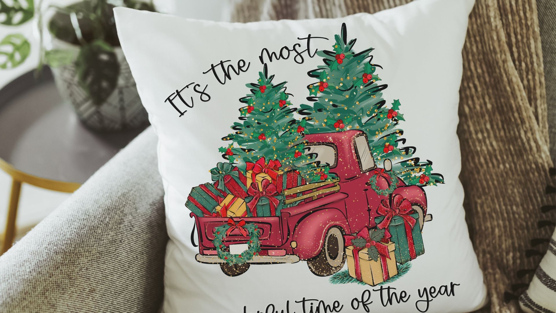 its the most wonderful time of the year Christmas throw pillow for sofa, red truck Christmas decor for home, whimsical Christmas gifts for