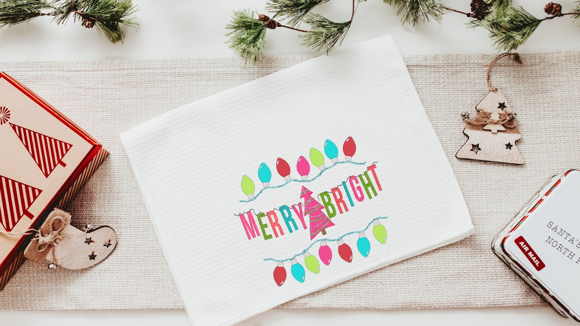 merry and bright Christmas kitchen towels for gifts, colorful Christmas hand towels for bathroom, stocking stuffers for her, pink Christmas