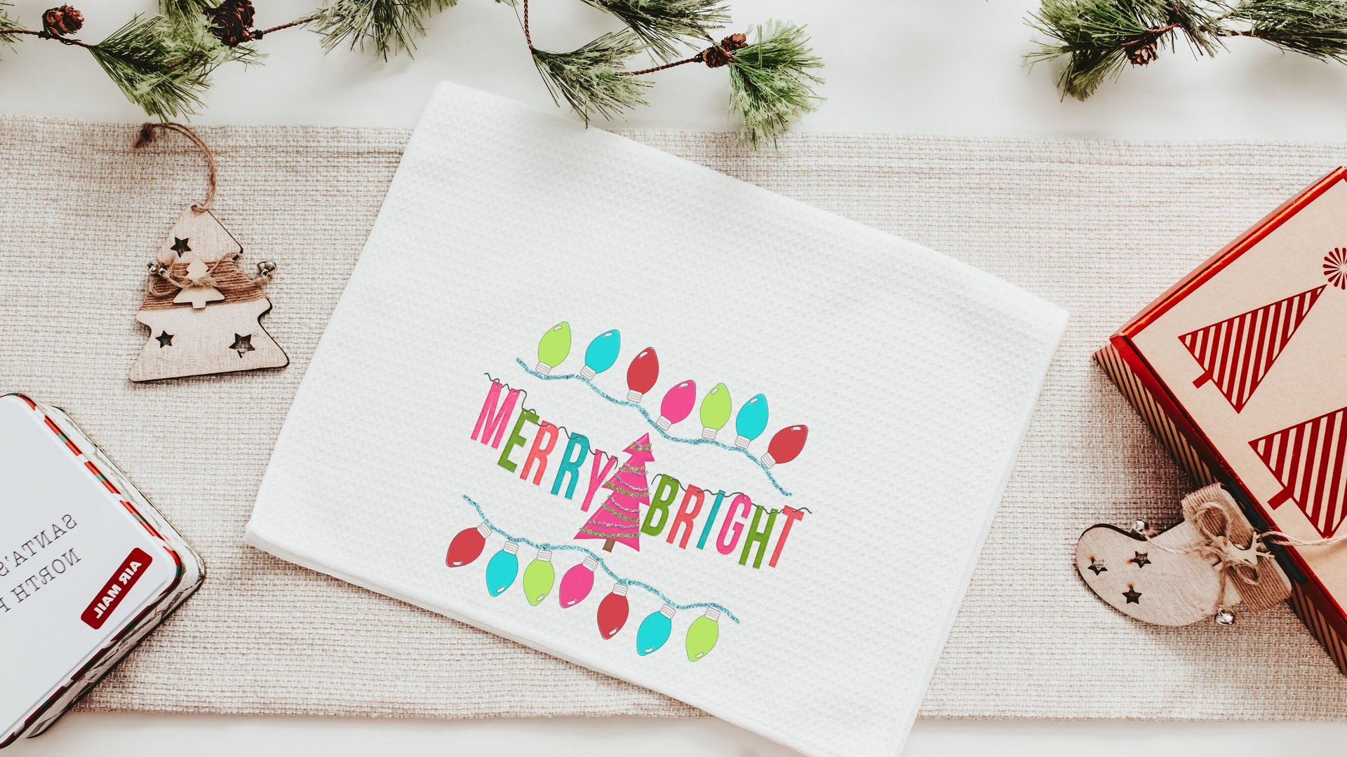 merry and bright Christmas kitchen towels for gifts, colorful Christmas hand towels for bathroom, stocking stuffers for her, pink Christmas
