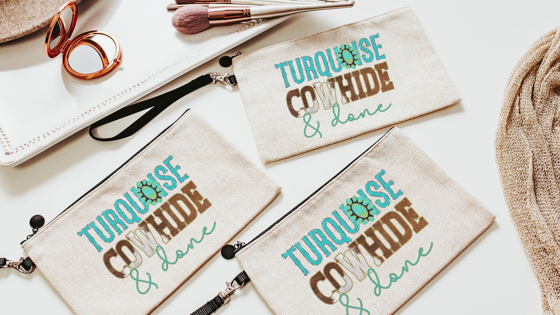 turquoise cowhide cosmetic bag for women, western makeup bag for purse, country bridesmaid gifts set of 6, western bridal shower favors best