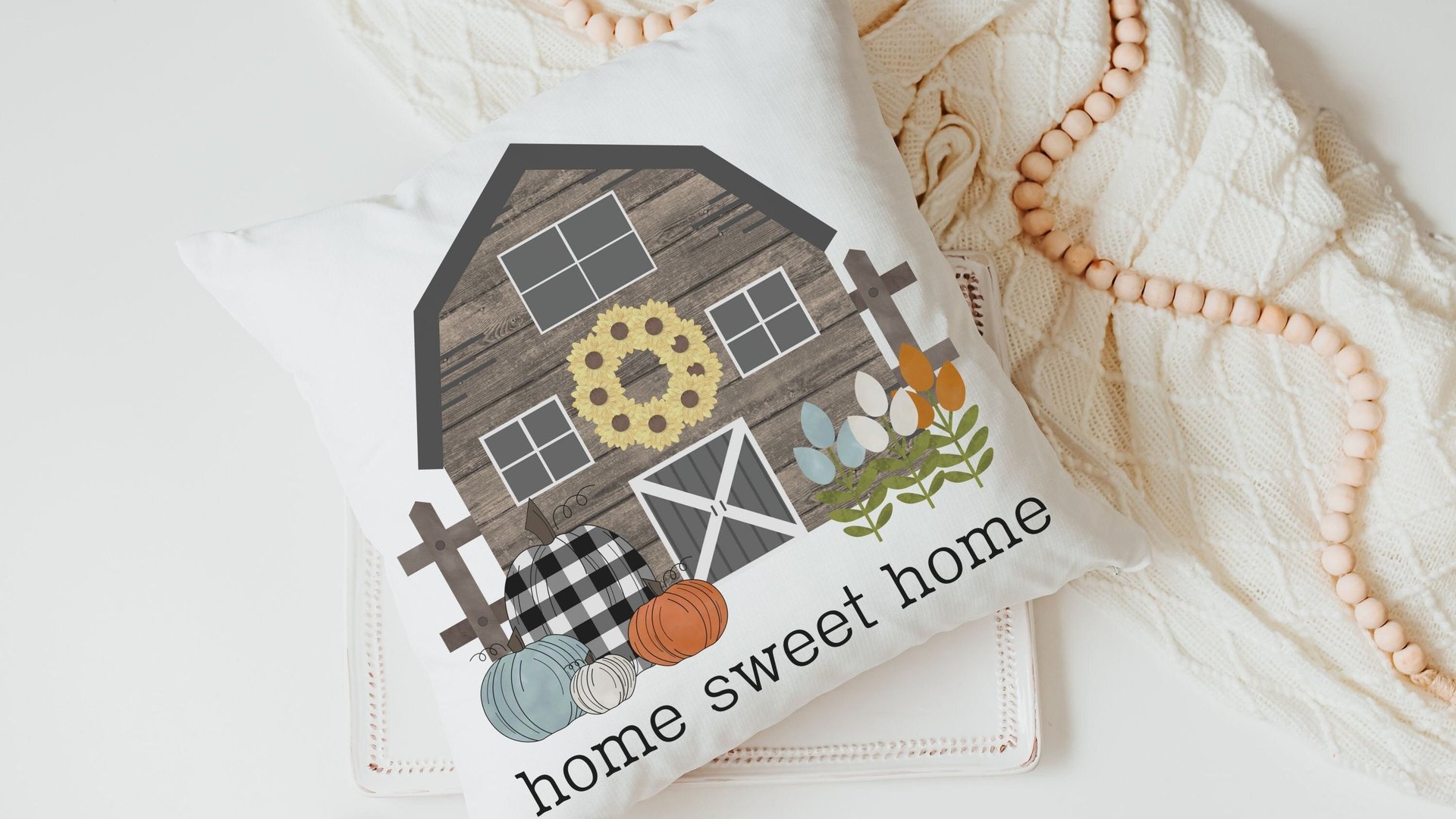 home sweet home pillow for country home, farm throw pillow for couch, Thanksgiving hostess gift for women, buffalo plaid pumpkin decor, barn