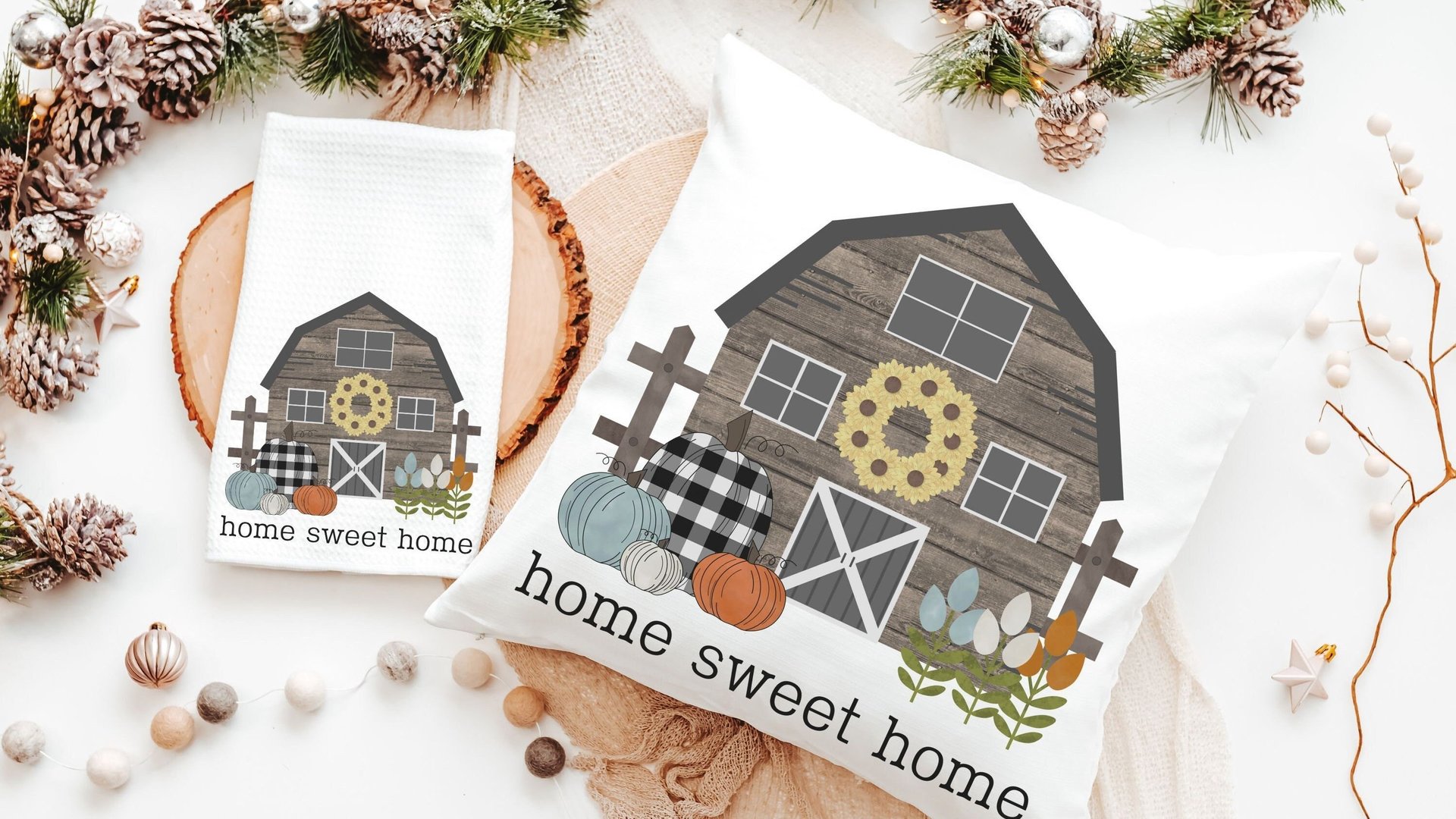 home sweet home pillow for country home, farm throw pillow for couch, Thanksgiving hostess gift for women, buffalo plaid pumpkin decor, barn