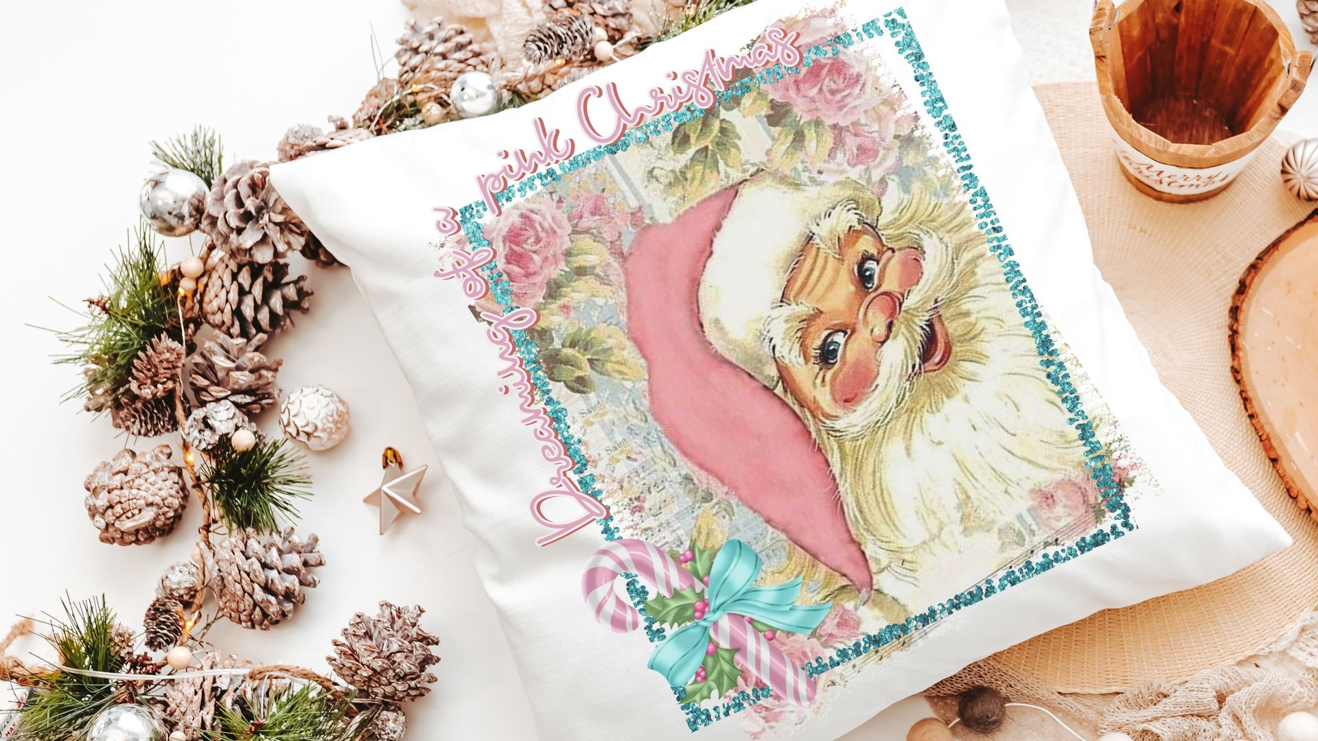 dreaming of a pink Christmas throw pillows for sofa, pastel Christmas decor, pink Santa kitchen towel, cute Christmas gift set for coworkers