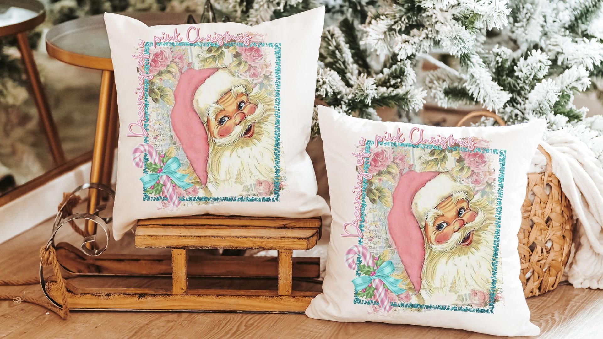 dreaming of a pink Christmas throw pillows for sofa, pastel Christmas decor, pink Santa kitchen towel, cute Christmas gift set for coworkers
