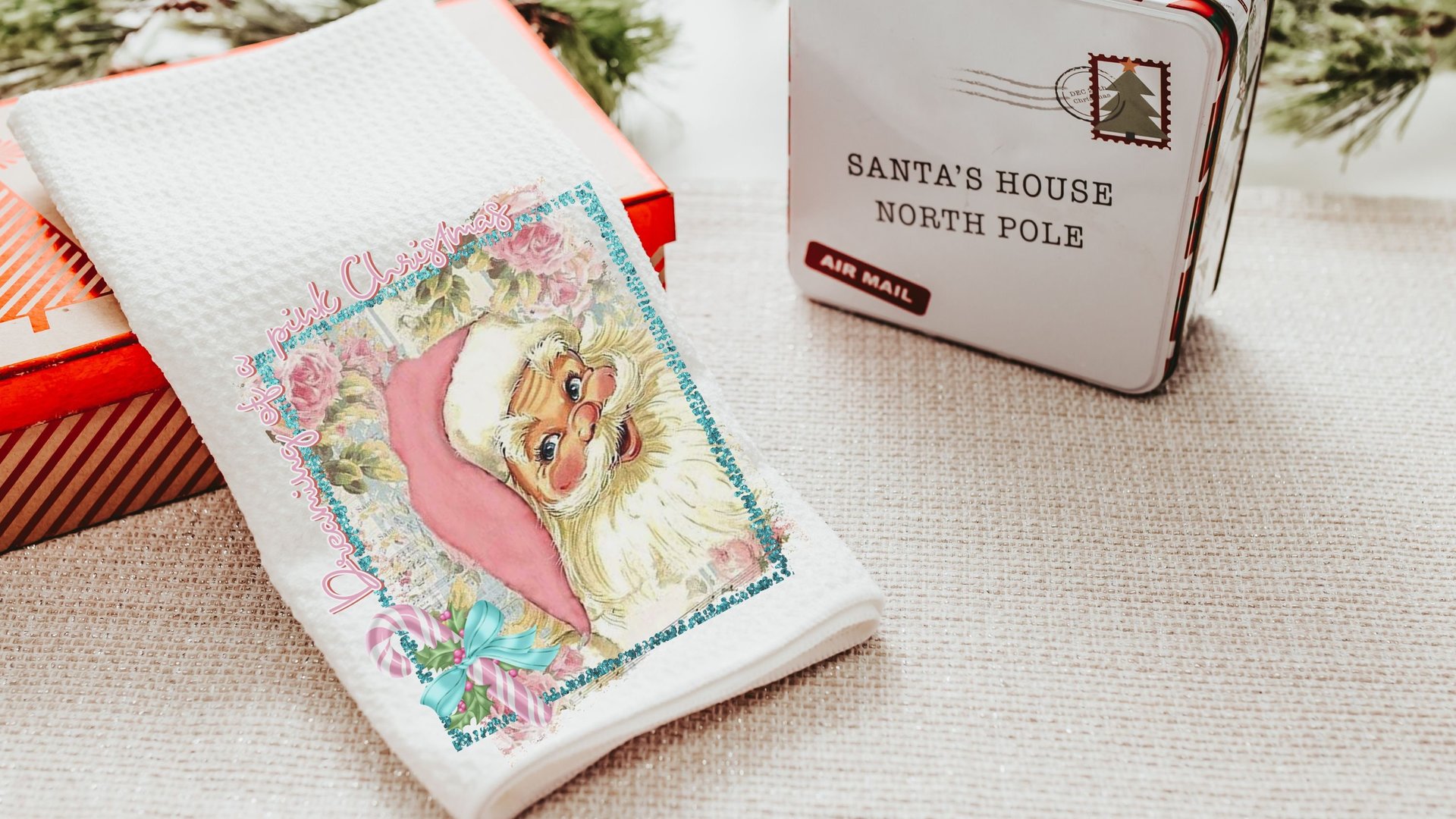 dreaming of a pink Christmas throw pillows for sofa, pastel Christmas decor, pink Santa kitchen towel, cute Christmas gift set for coworkers