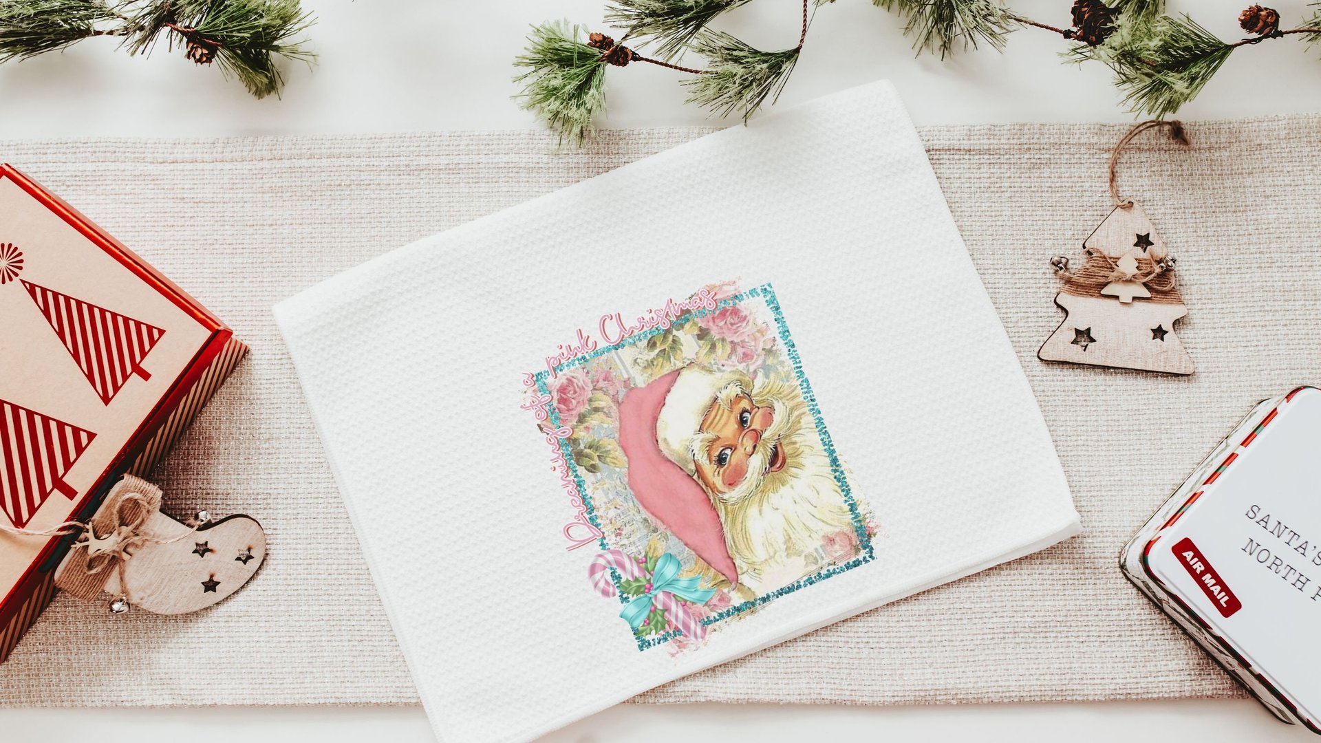 dreaming of a pink Christmas throw pillows for sofa, pastel Christmas decor, pink Santa kitchen towel, cute Christmas gift set for coworkers