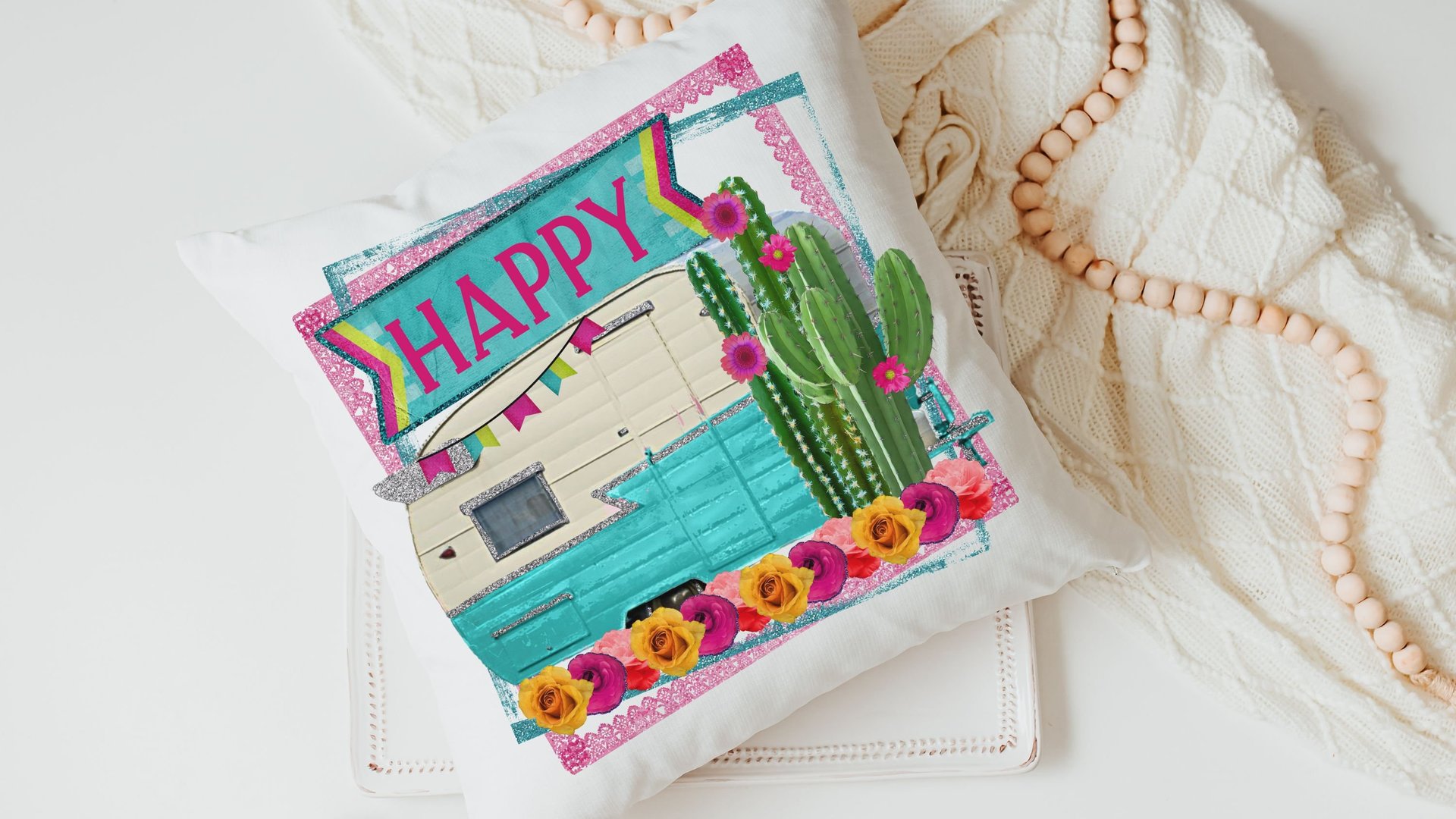 happy camper throw pillow for couch, boho camper decor, glamping gifts, floral cactus decor, RV accessories for inside, van life gifts, best