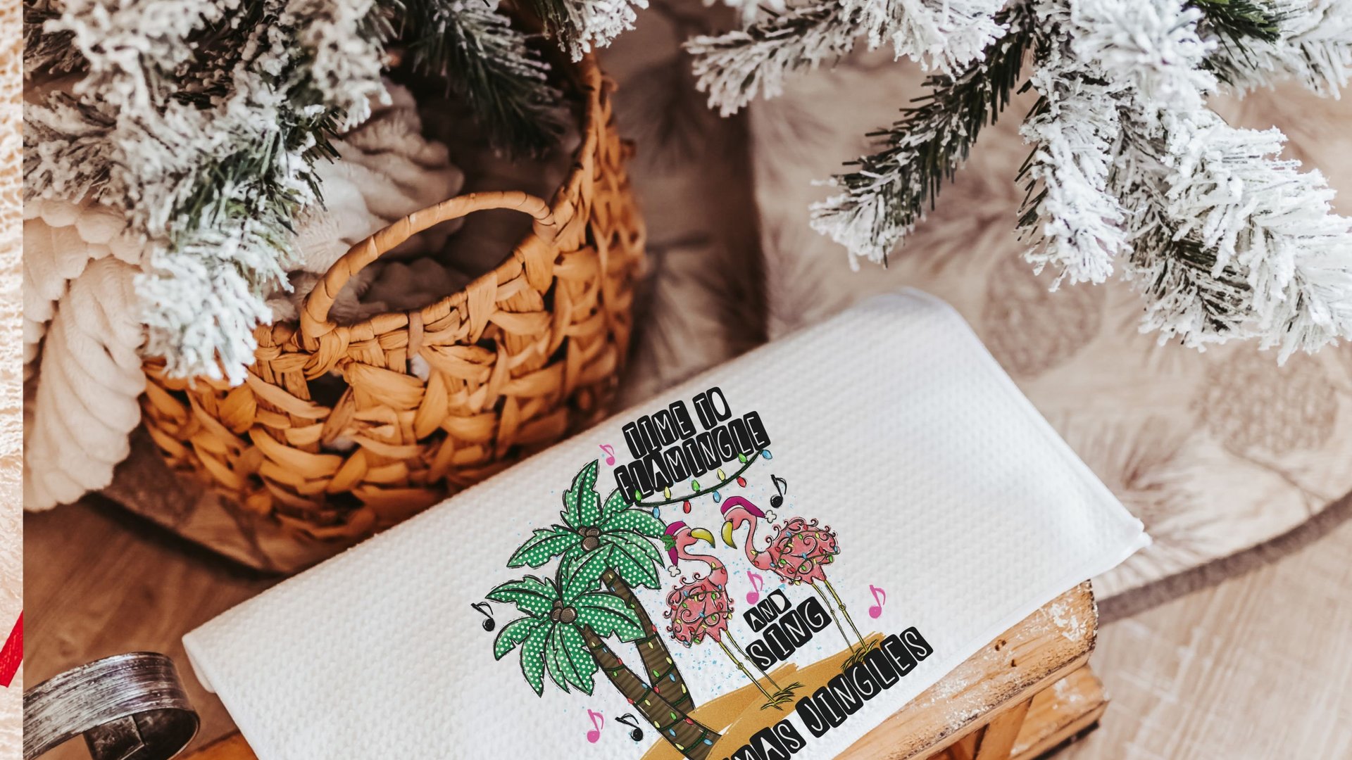 flamingle and jingle flamingo Christmas throw pillows for sofa, white elephant gifts funny Christmas kitchen towels, palm tree Christmas