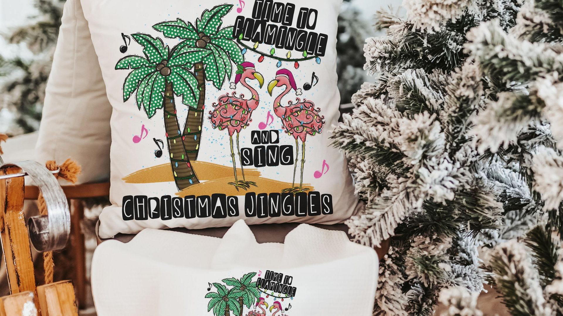 flamingle and jingle flamingo Christmas throw pillows for sofa, white elephant gifts funny Christmas kitchen towels, palm tree Christmas