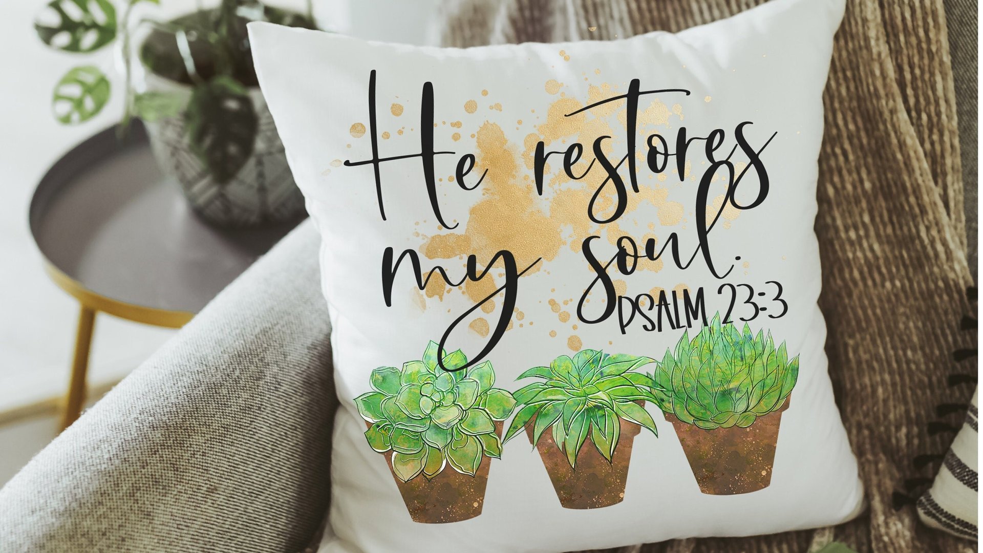 he restores my soul succulent throw pillow for bedroom, Psalm 23 gift, Bible verse throw pillow covers 18 x 18, Christian gifts for sister