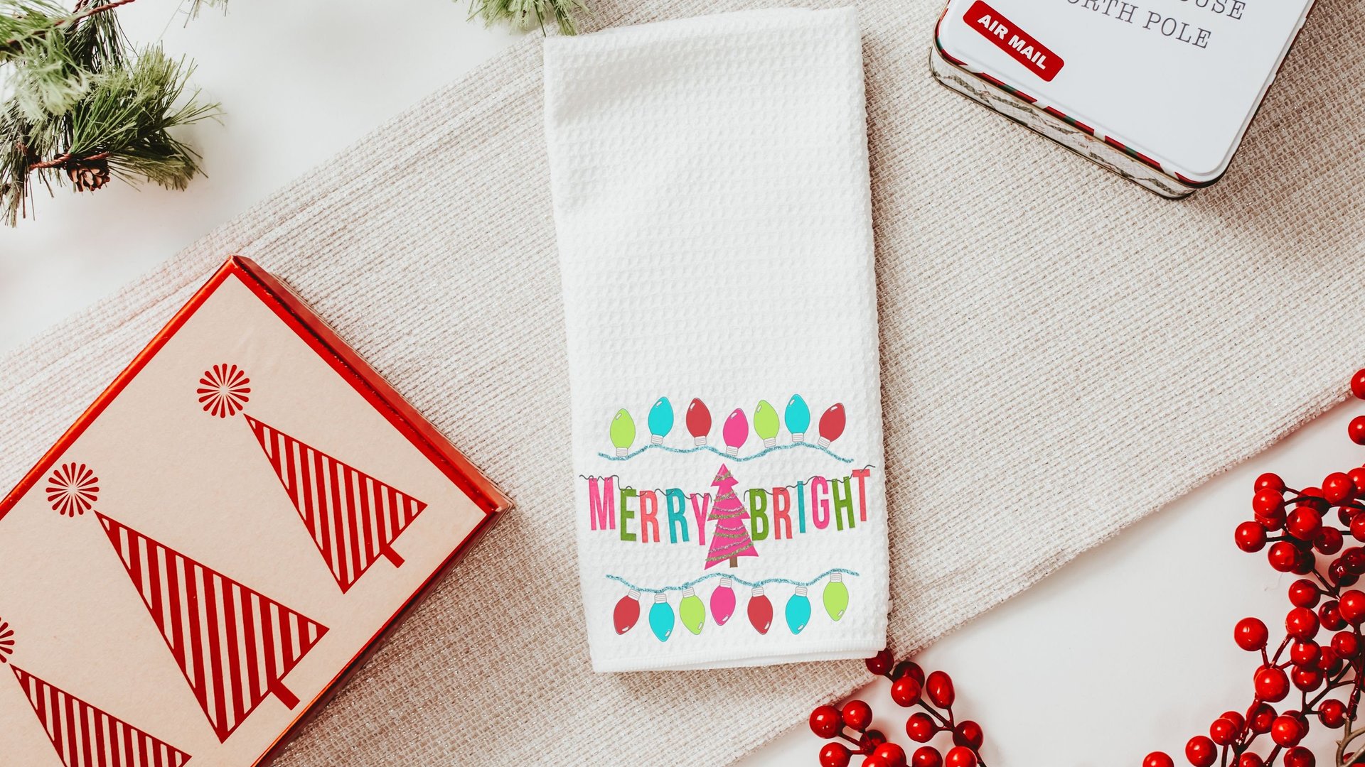 merry and bright Christmas kitchen towels for gifts, colorful Christmas hand towels for bathroom, stocking stuffers for her, pink Christmas