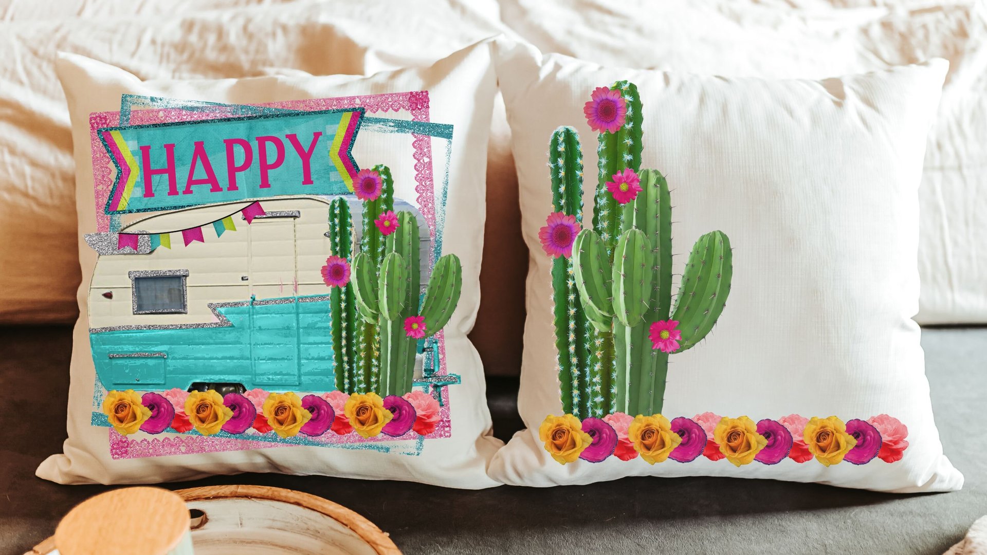 happy camper throw pillow for couch, boho camper decor, glamping gifts, floral cactus decor, RV accessories for inside, van life gifts, best