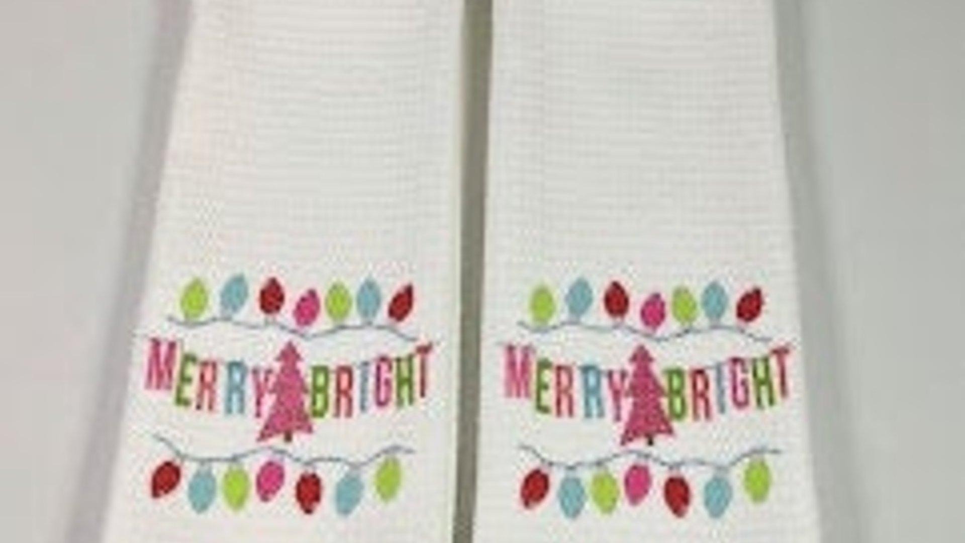 merry and bright Christmas kitchen towels for gifts, colorful Christmas hand towels for bathroom, stocking stuffers for her, pink Christmas