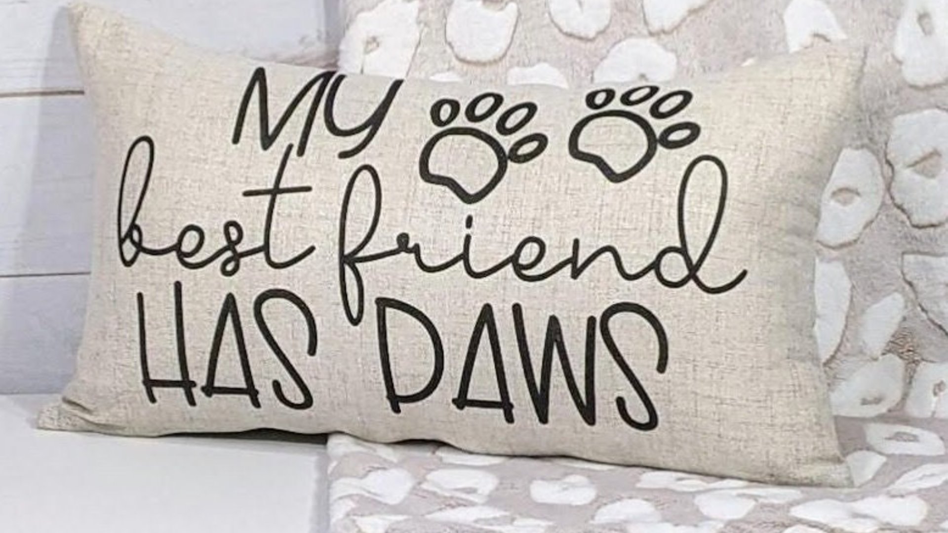 my best friend has paws dog throw pillow for sofa, dog lover gift for women, dog decor for home, dog mom gift, funny lumbar pillow for couch