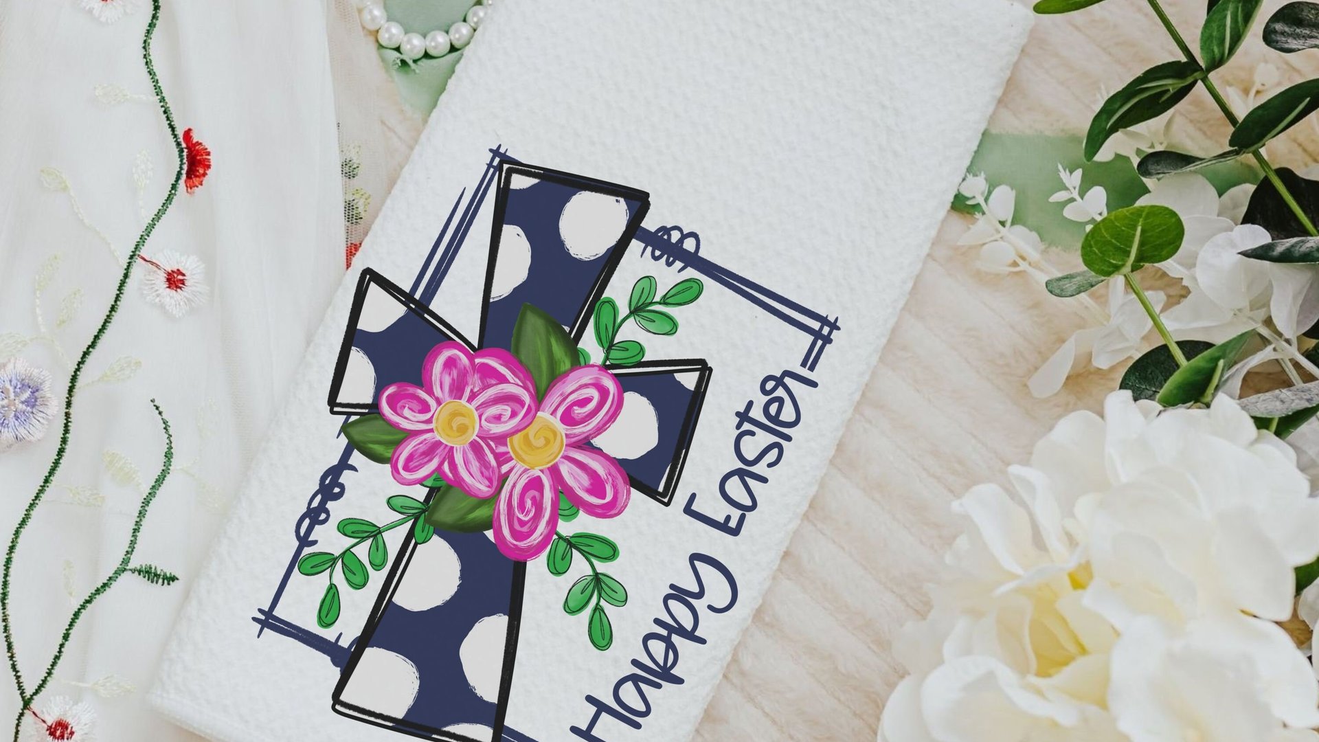 floral Easter cross Easter throw pillow covers 18x18, Christian Easter decor gift, navy blue polka dot Happy Easter decorative pillows for