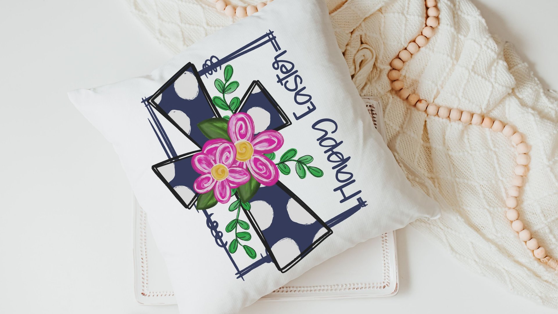 floral Easter cross Easter throw pillow covers 18x18, Christian Easter decor gift, navy blue polka dot Happy Easter decorative pillows for
