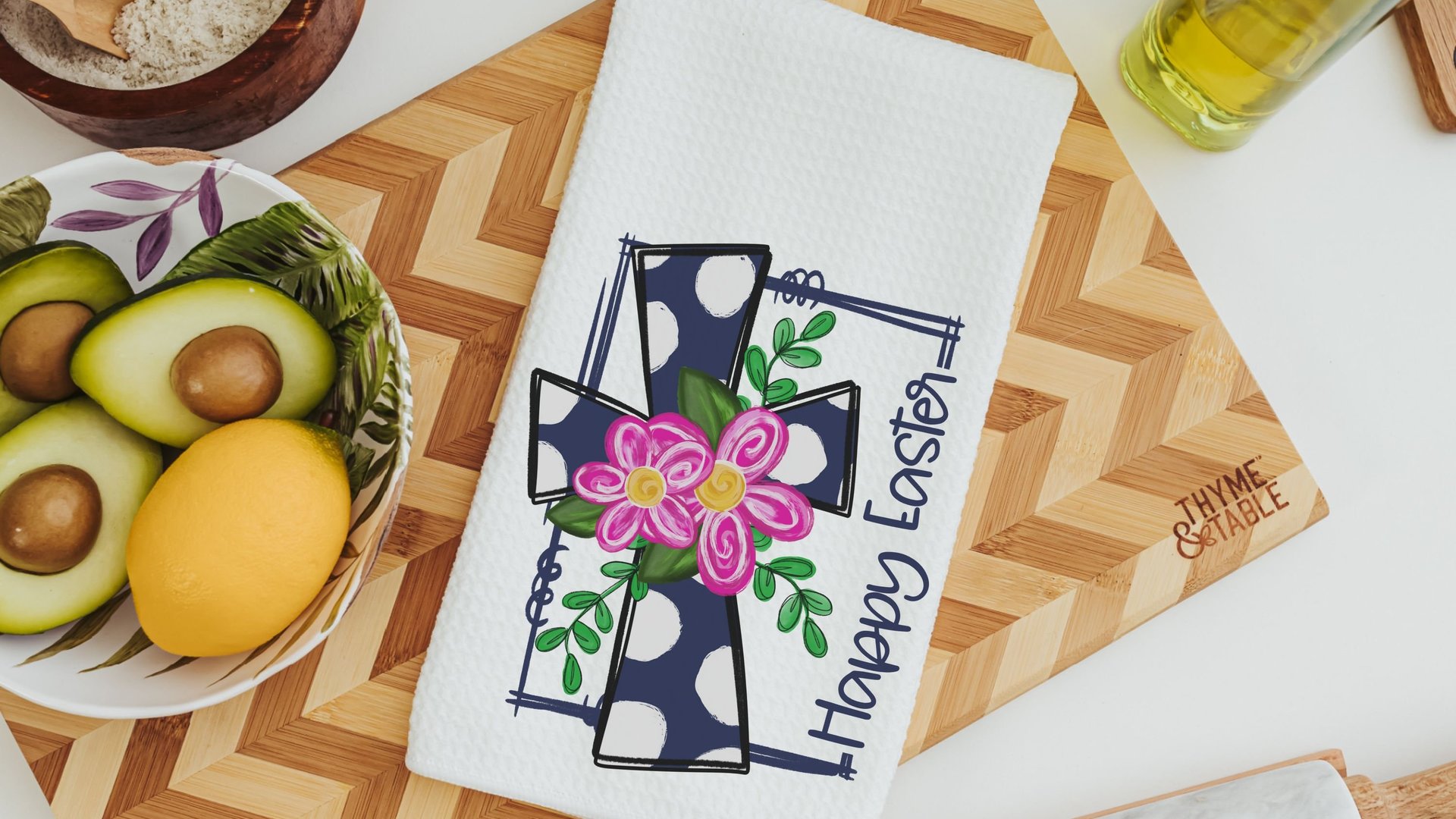 floral Easter cross Easter throw pillow covers 18x18, Christian Easter decor gift, navy blue polka dot Happy Easter decorative pillows for