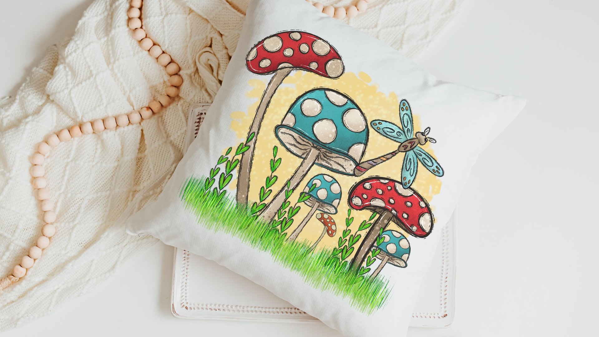 blue mushroom throw pillows for couch colorful mushroom kitchen towels for RV, red mushroom pillow cover 18 x 18, mushroom gifts for women