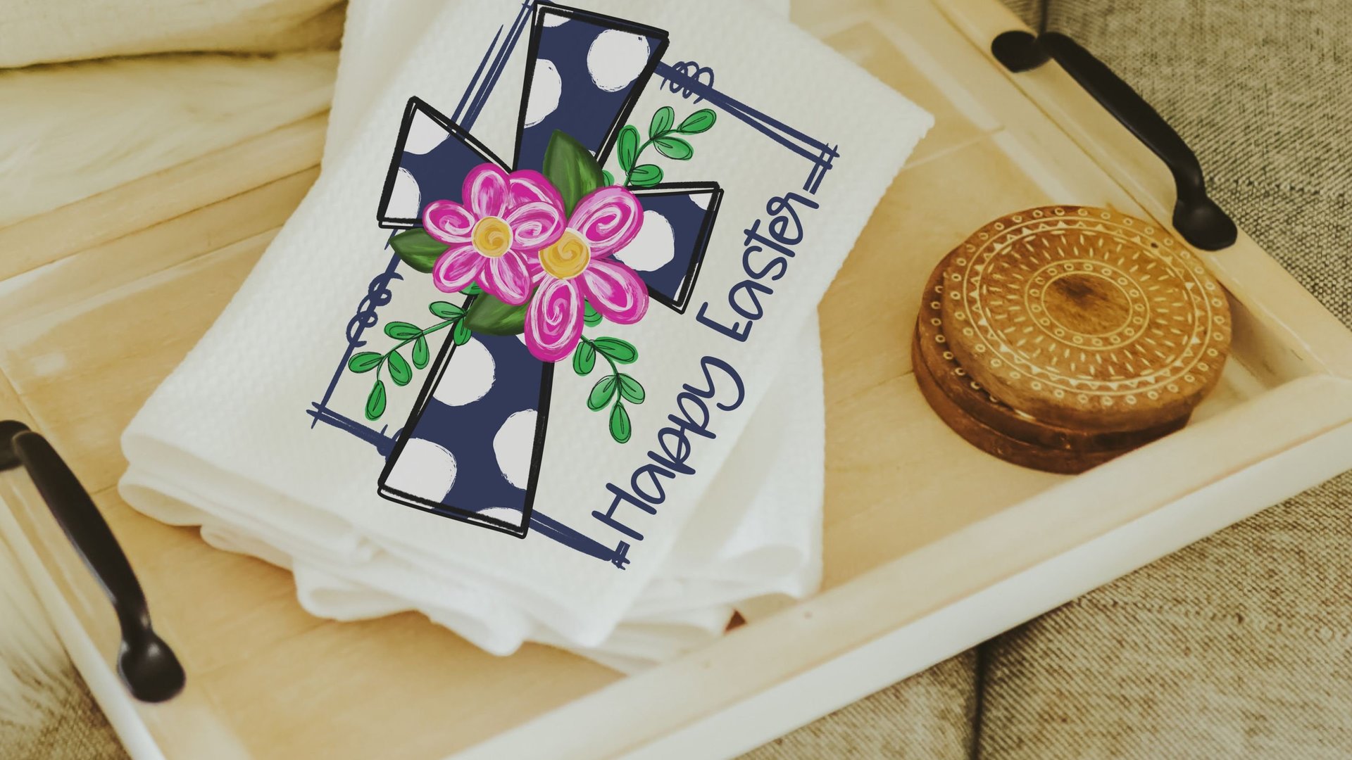 floral Easter cross Easter throw pillow covers 18x18, Christian Easter decor gift, navy blue polka dot Happy Easter decorative pillows for