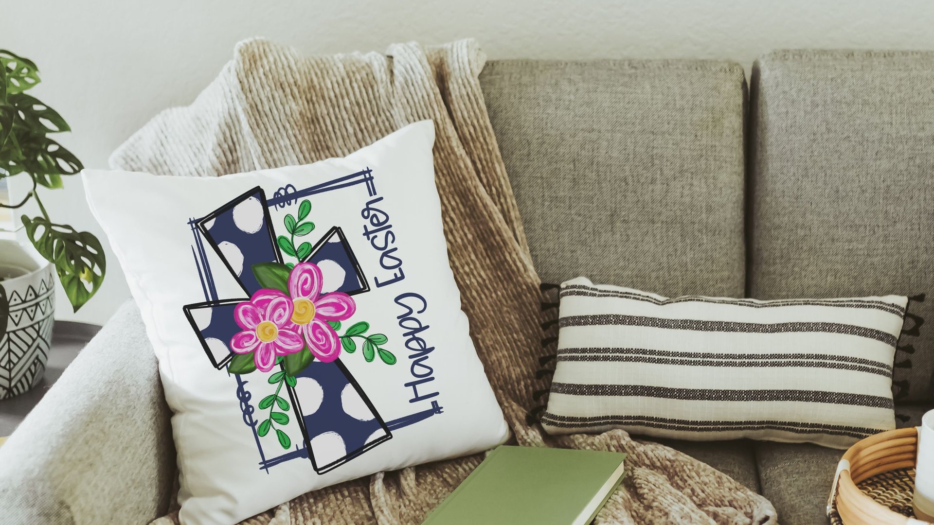 happy Easter throw pillow covers 18x18, Christian kitchen towels, navy blue polka dot cross pillow for sofa, Easter hostess gifts for women