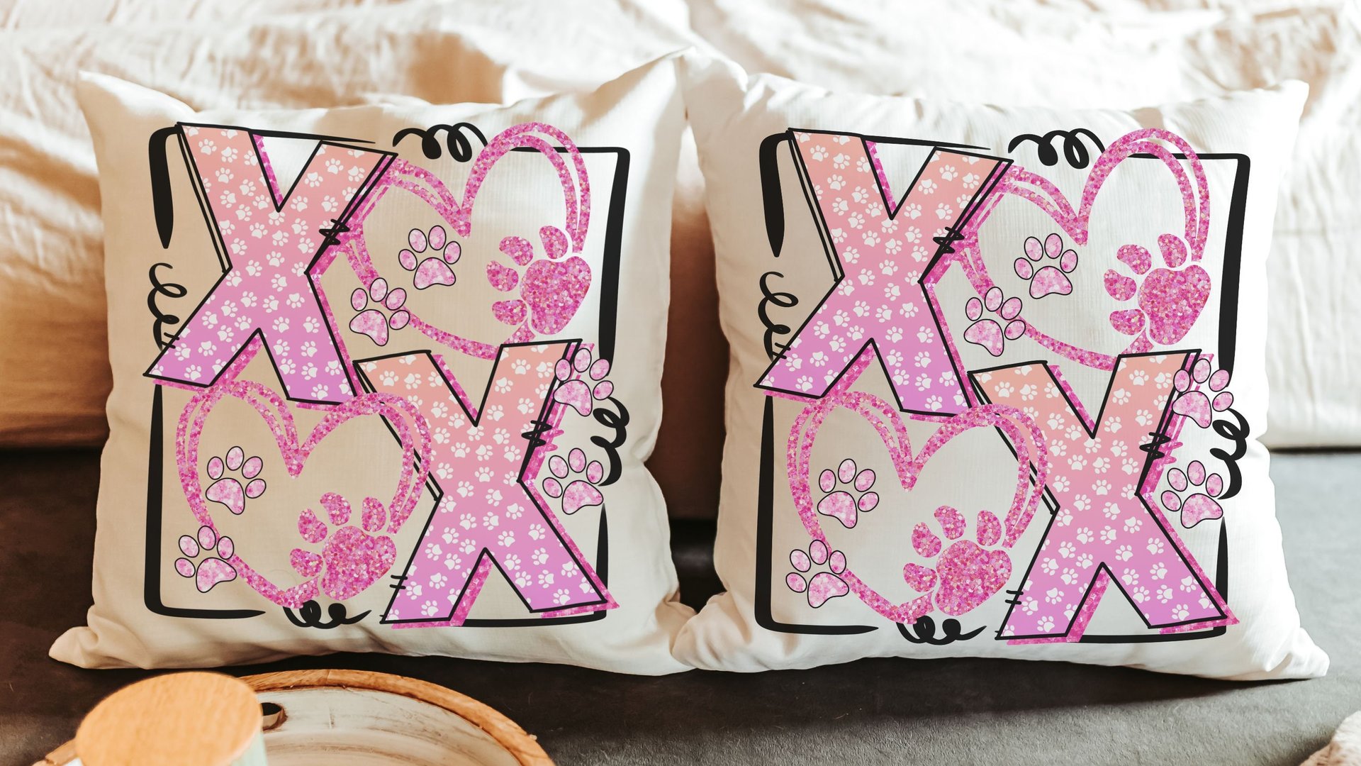 xoxo throw pillow for sofa, pink paw print pillow covers 18 x 18, dog mom gift, dog decor for home, Galentines day gifts for best friend