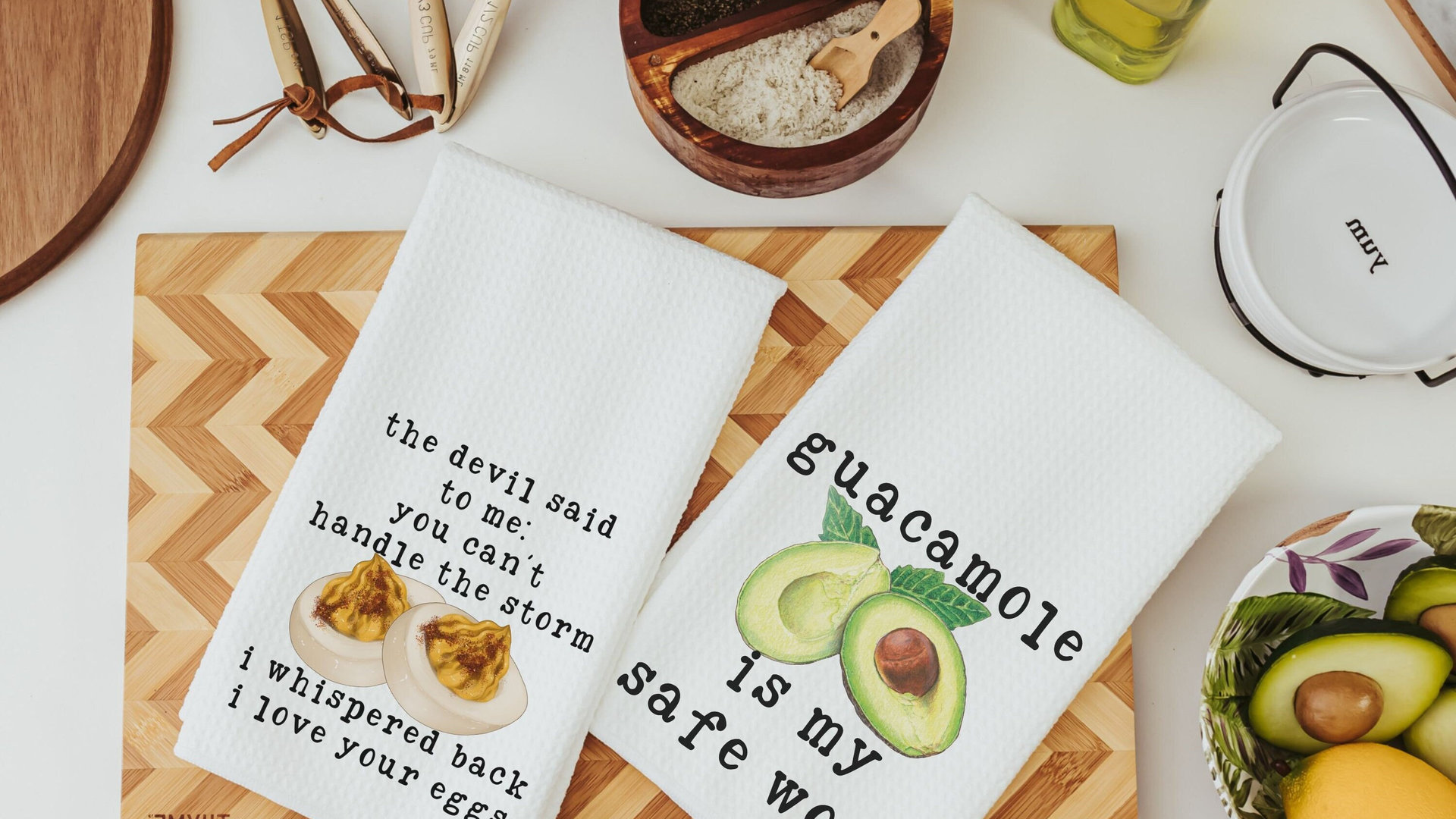 deviled eggs funny kitchen towels, guacamole gift, sassy gifts, safe word kitchen hand towels, smut reader gift, trendy Mothers day gifts