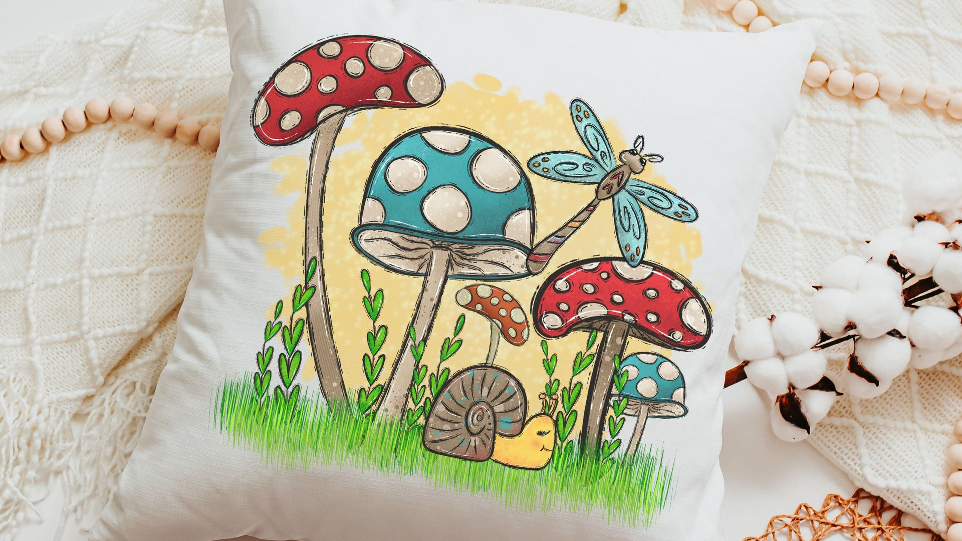 mushroom throw pillow for bed, cottagecore room decor, nature lover gift for women, woodland nursery decor, snail decor, outdoorsy gifts for