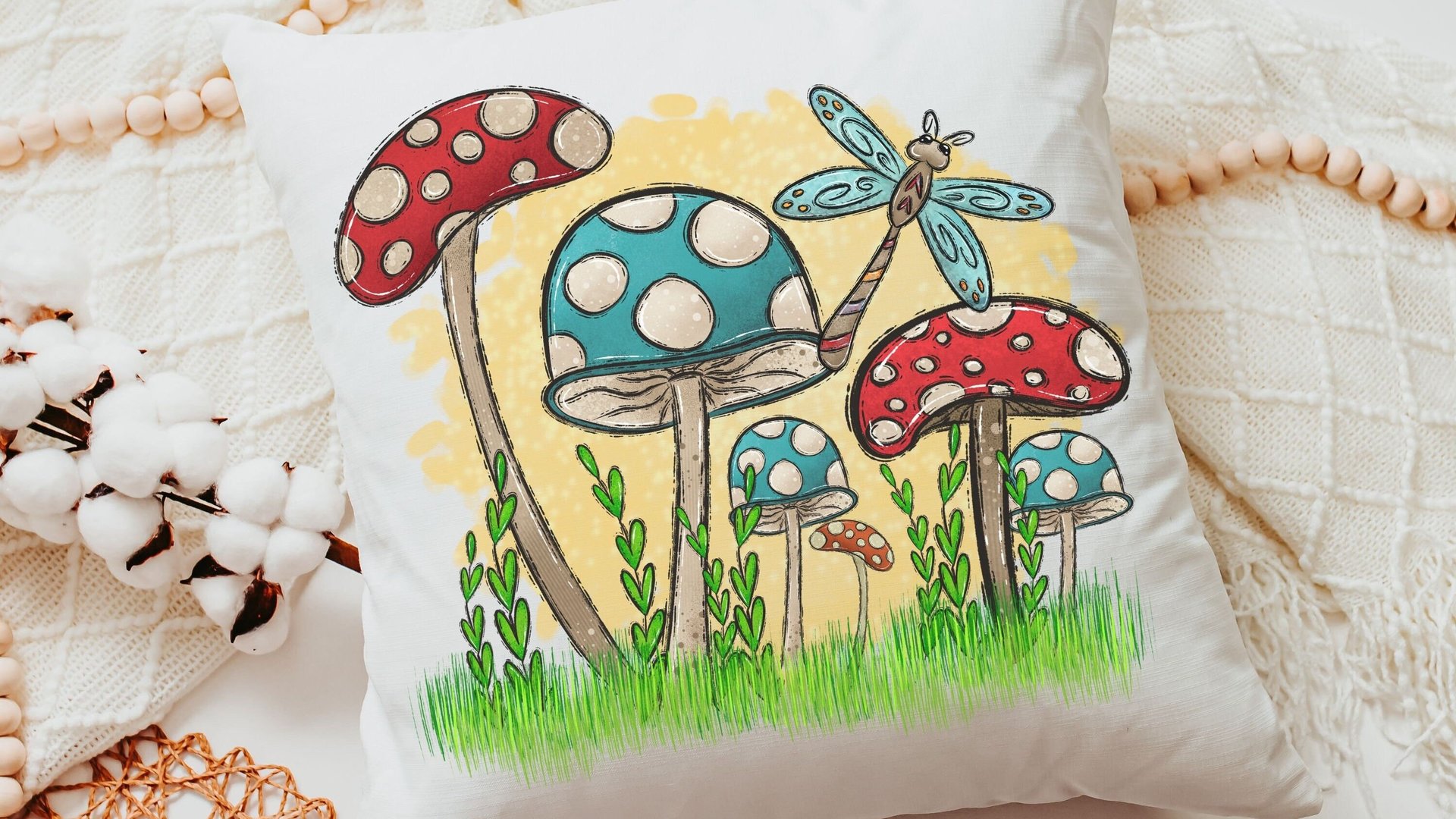 blue mushroom throw pillows for couch colorful mushroom kitchen towels for RV, red mushroom pillow cover 18 x 18, mushroom gifts for women