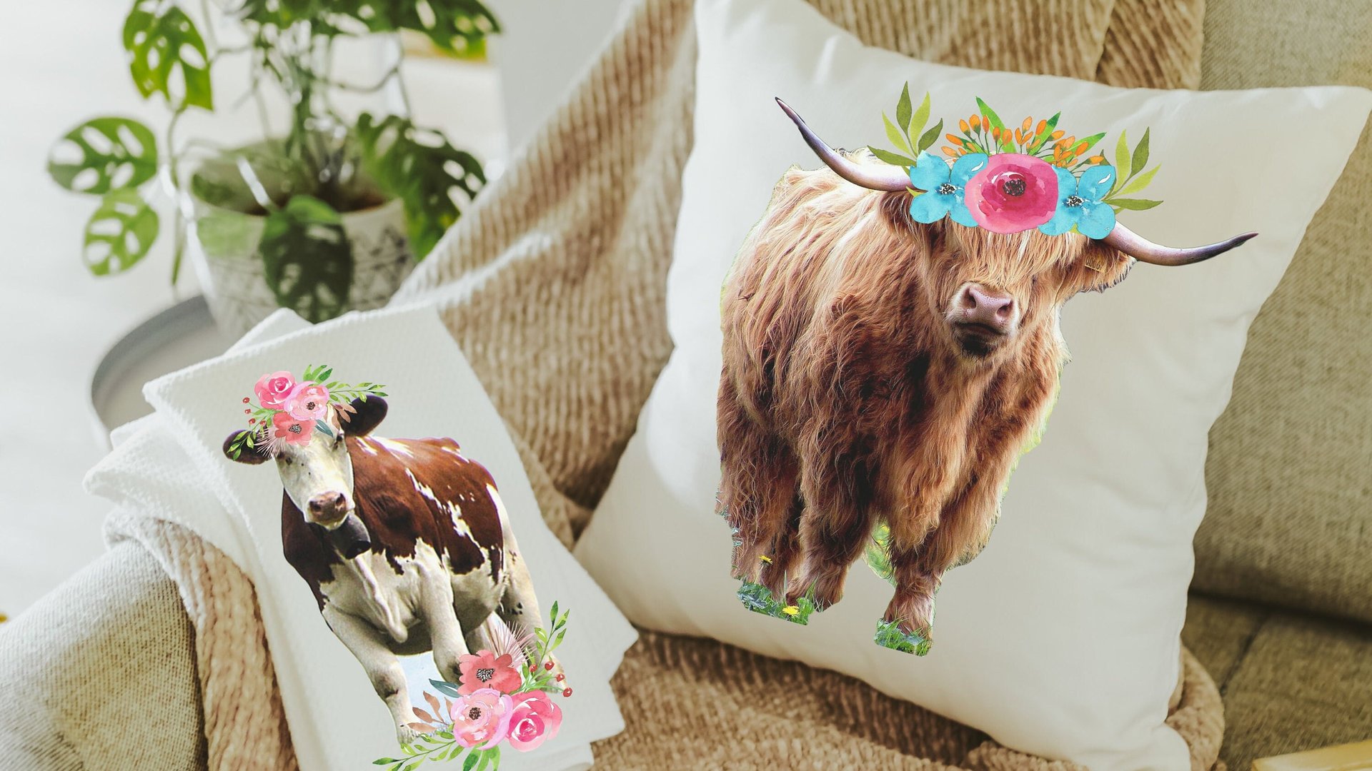 floral cow kitchen towel & highland cow throw pillow for sofa new home gift set for her, boho cow decor, cow gifts for cow lovers, cute cow