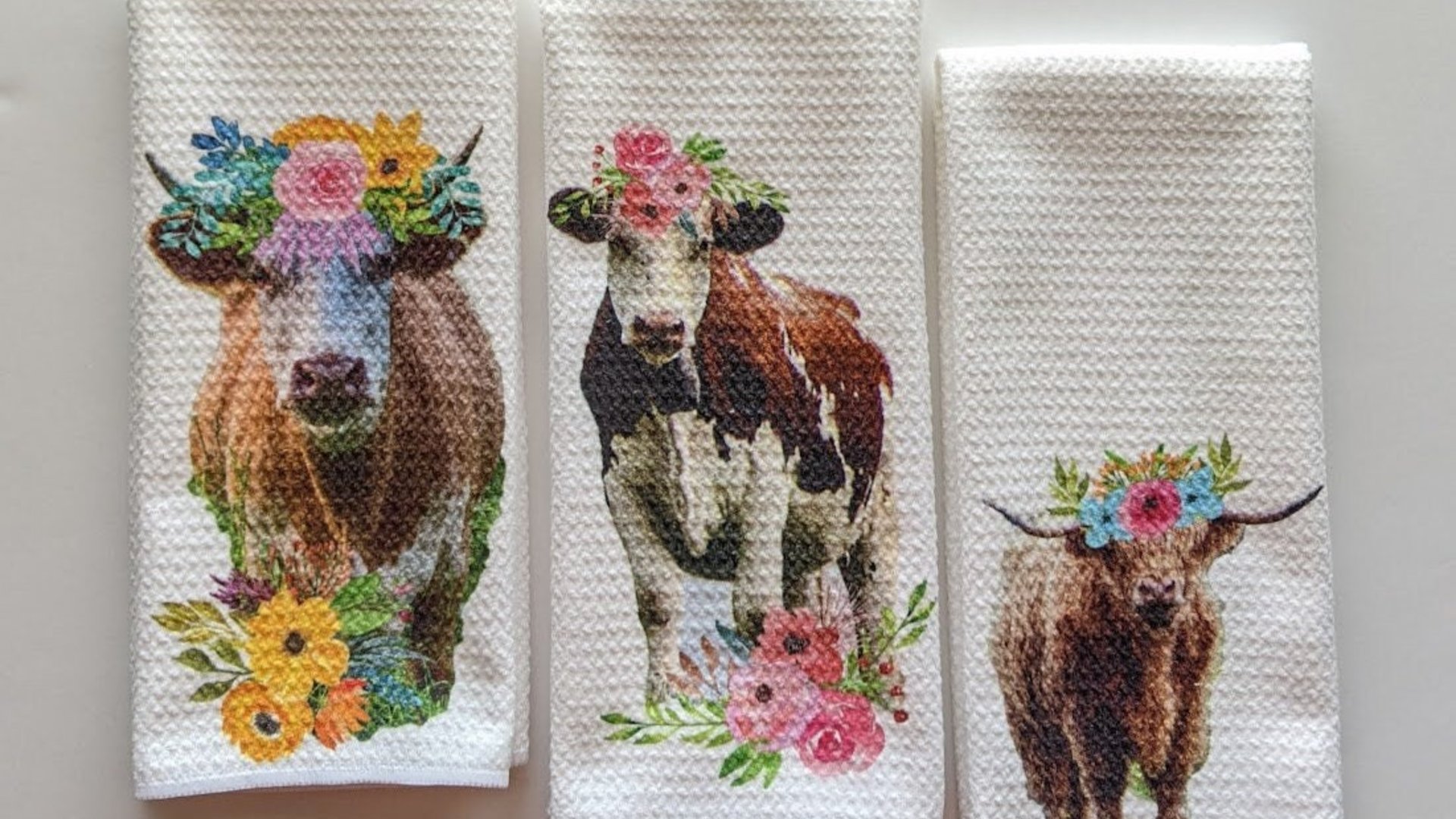 floral cow kitchen towel & highland cow throw pillow for sofa new home gift set for her, boho cow decor, cow gifts for cow lovers, cute cow