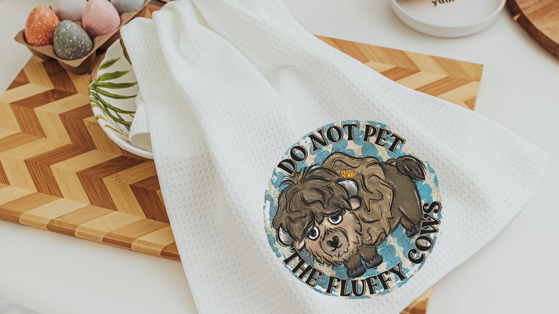 dont pet fluffy cow funny kitchen towel for stove, buffalo decor, bison gifts, western kitchen decor, best gifts for new homeowners, guest