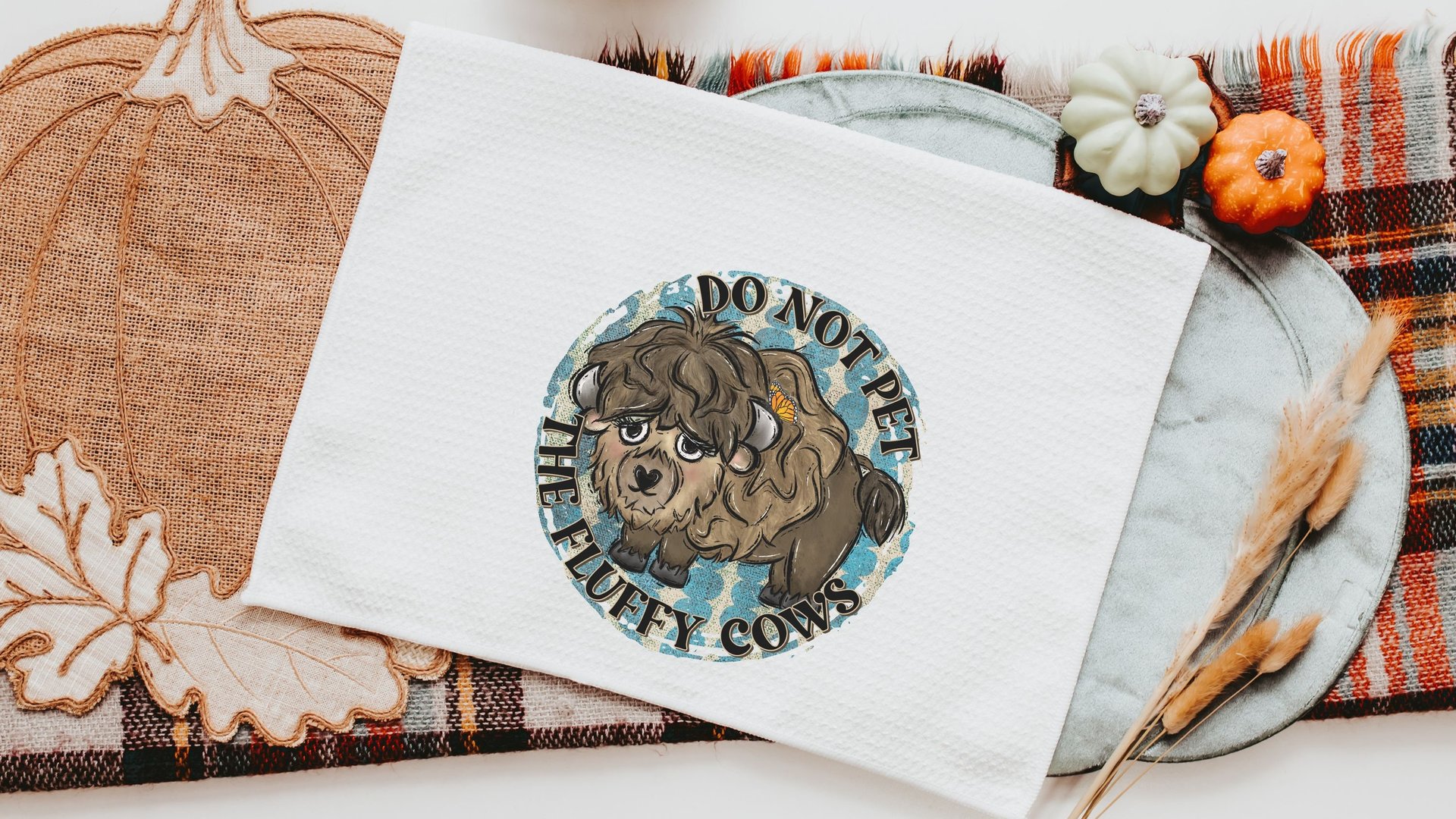 dont pet fluffy cow funny kitchen towel for stove, buffalo decor, bison gifts, western kitchen decor, best gifts for new homeowners, guest