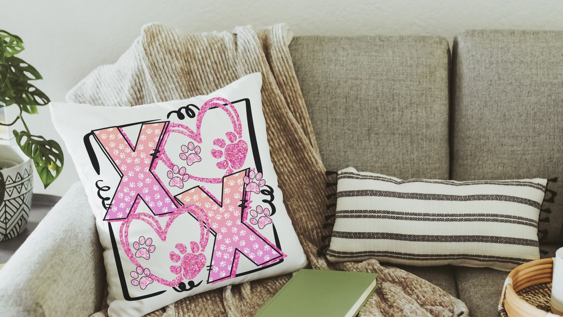 xoxo throw pillow for sofa, pink paw print pillow covers 18 x 18, dog mom gift, dog decor for home, Galentines day gifts for best friend