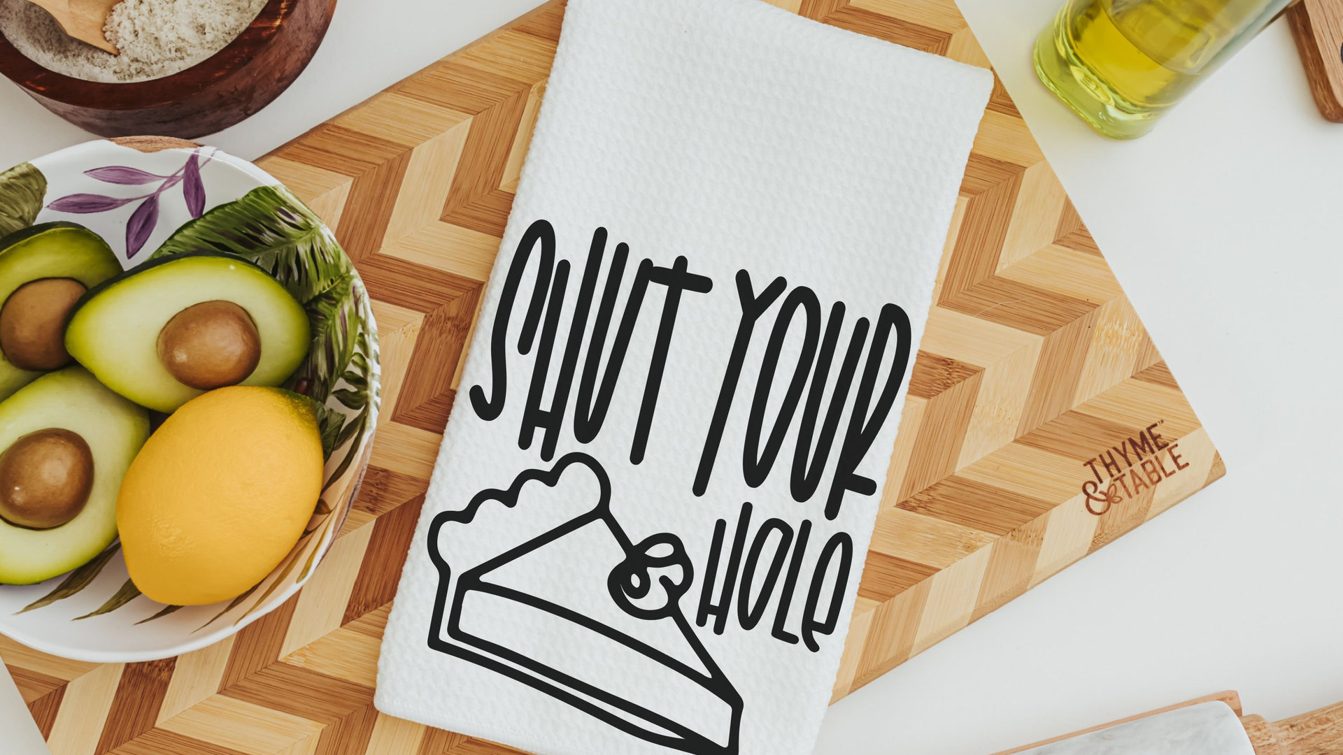 shut your pie hole funny kitchen towels, sarcastic gifts for women, sassy kitchen hand towels, baking gifts for her, snarky home decor, best