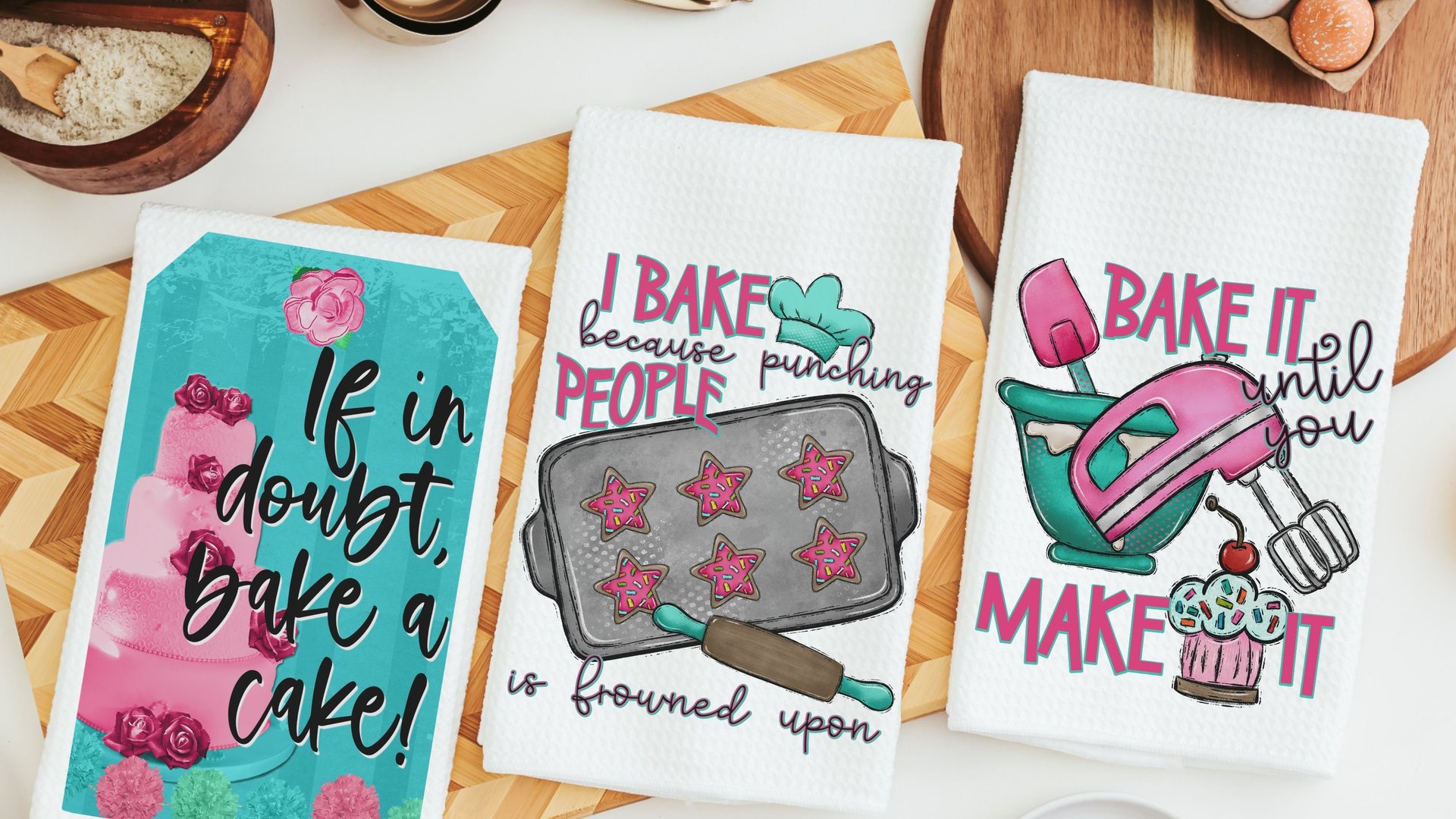 I bake because punching people is frowned upon towels, baking bridal shower kitchen gifts, funny baking kitchen towels, baker gift for women