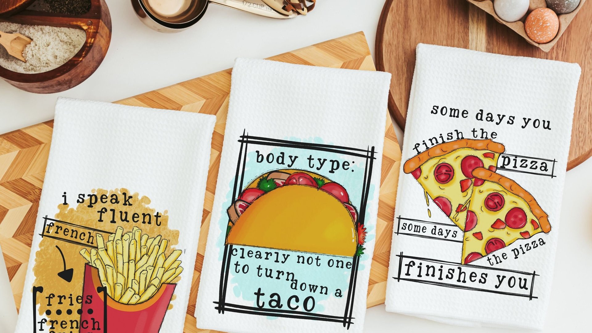 I speak fluent french fries funny kitchen towels, foodie gift, taco kitchen hand towels, fiesta kitchen decor, pizza gifts for her, taco