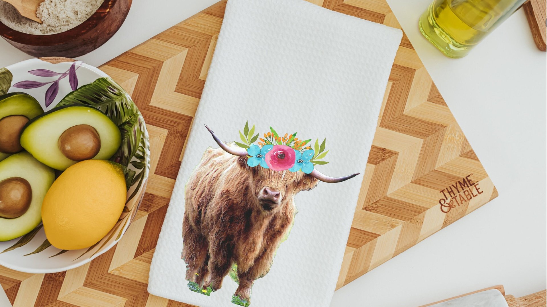 floral cow kitchen towel & highland cow throw pillow for sofa new home gift set for her, boho cow decor, cow gifts for cow lovers, cute cow