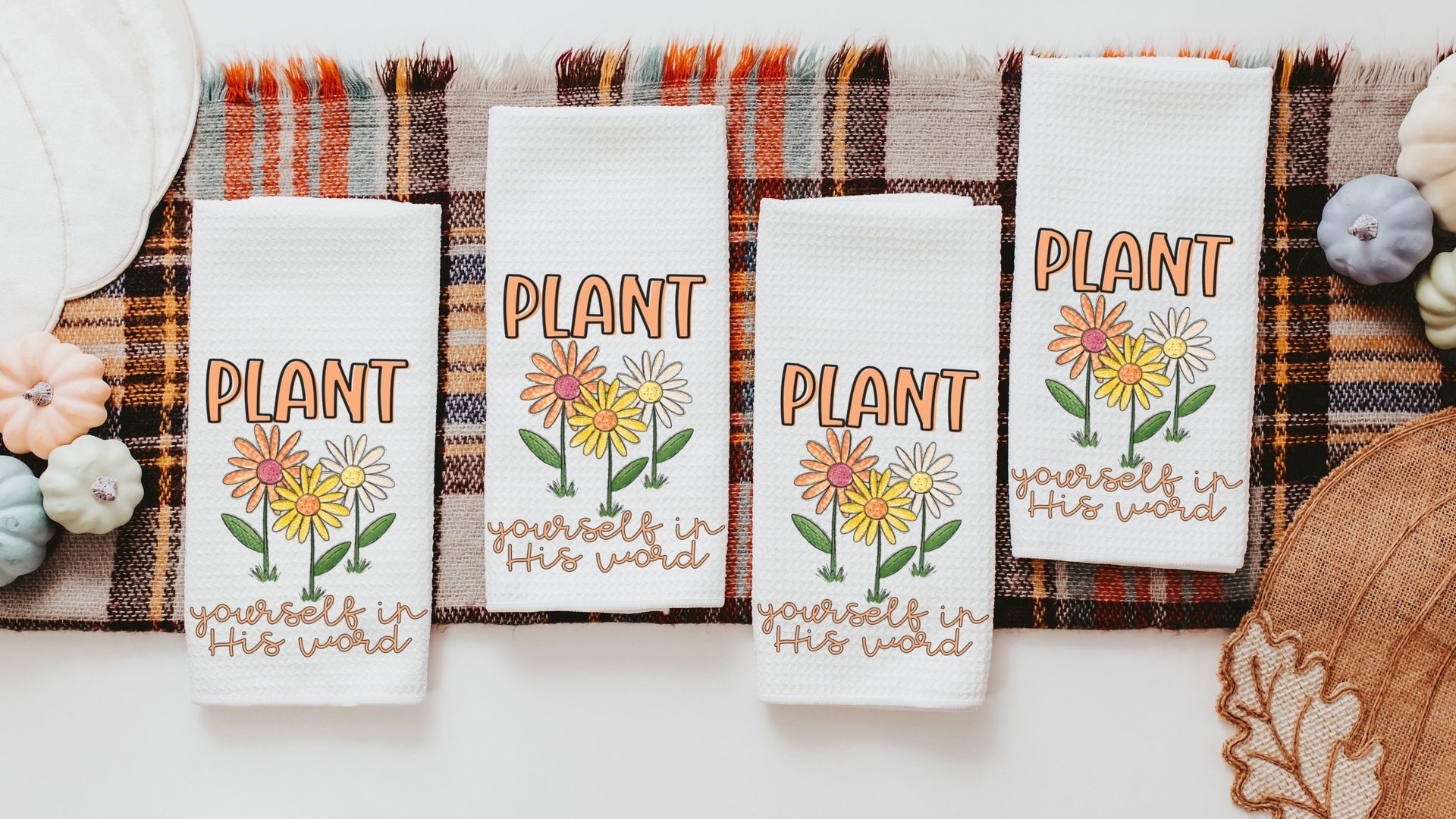plant yourself in His word colorful daisy kitchen towel for friends, daisy gifts for women, Christian kitchen decor for Mom, adult baptism