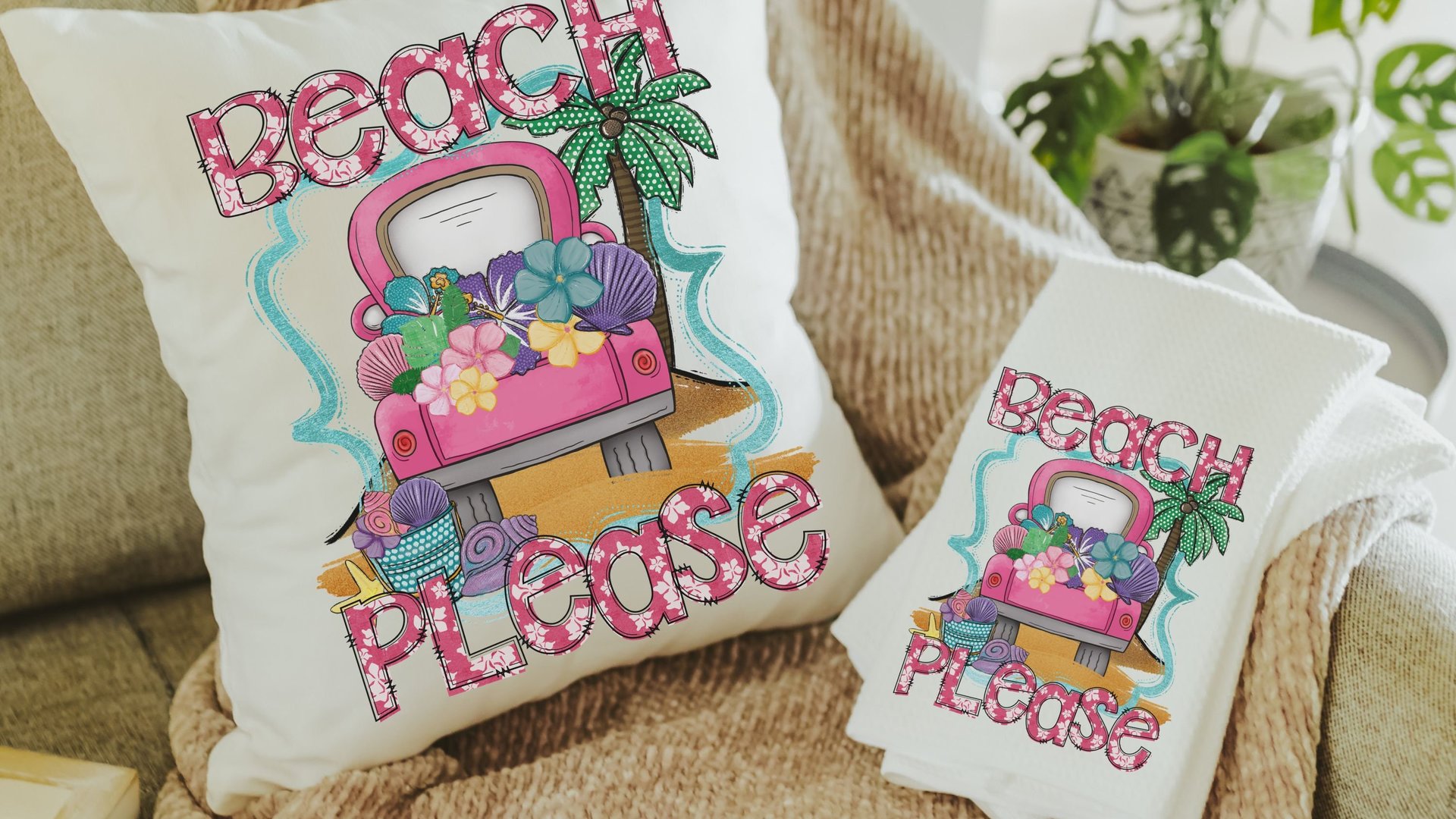 beach please summer truck throw pillows for sofa, sunroom decor, tropical throw pillow cover 18x18, bungalow decor, beach lover gift, funny