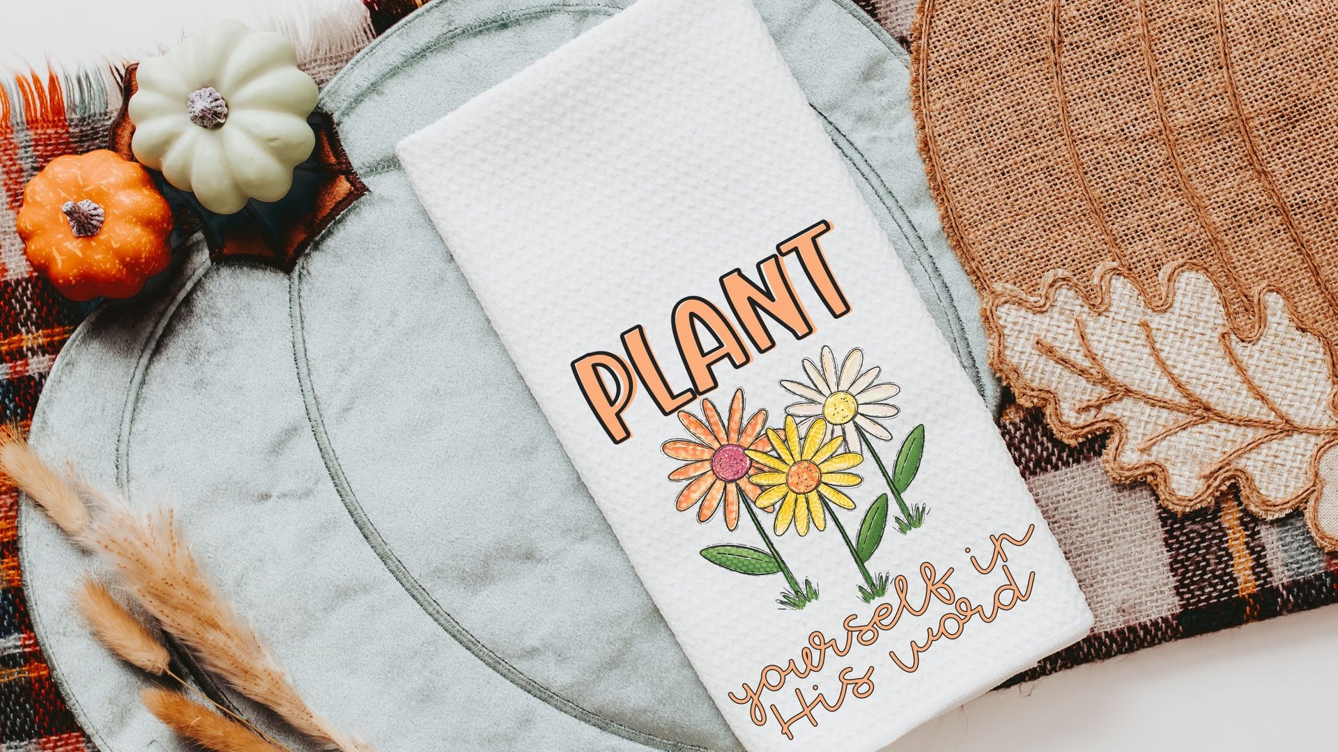 plant yourself in His word colorful daisy kitchen towel for friends, daisy gifts for women, Christian kitchen decor for Mom, adult baptism