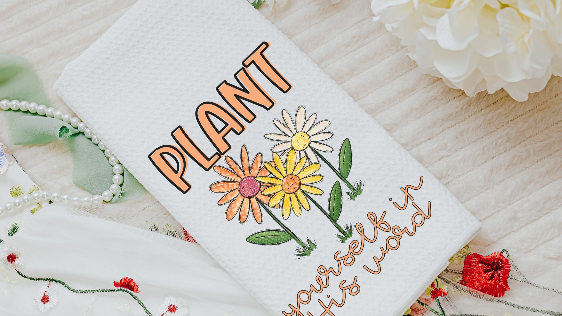 plant yourself in His word colorful daisy kitchen towel for friends, daisy gifts for women, Christian kitchen decor for Mom, adult baptism