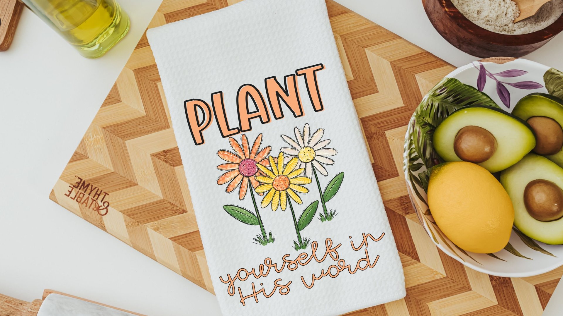 plant yourself in His word colorful daisy kitchen towel for friends, daisy gifts for women, Christian kitchen decor for Mom, adult baptism