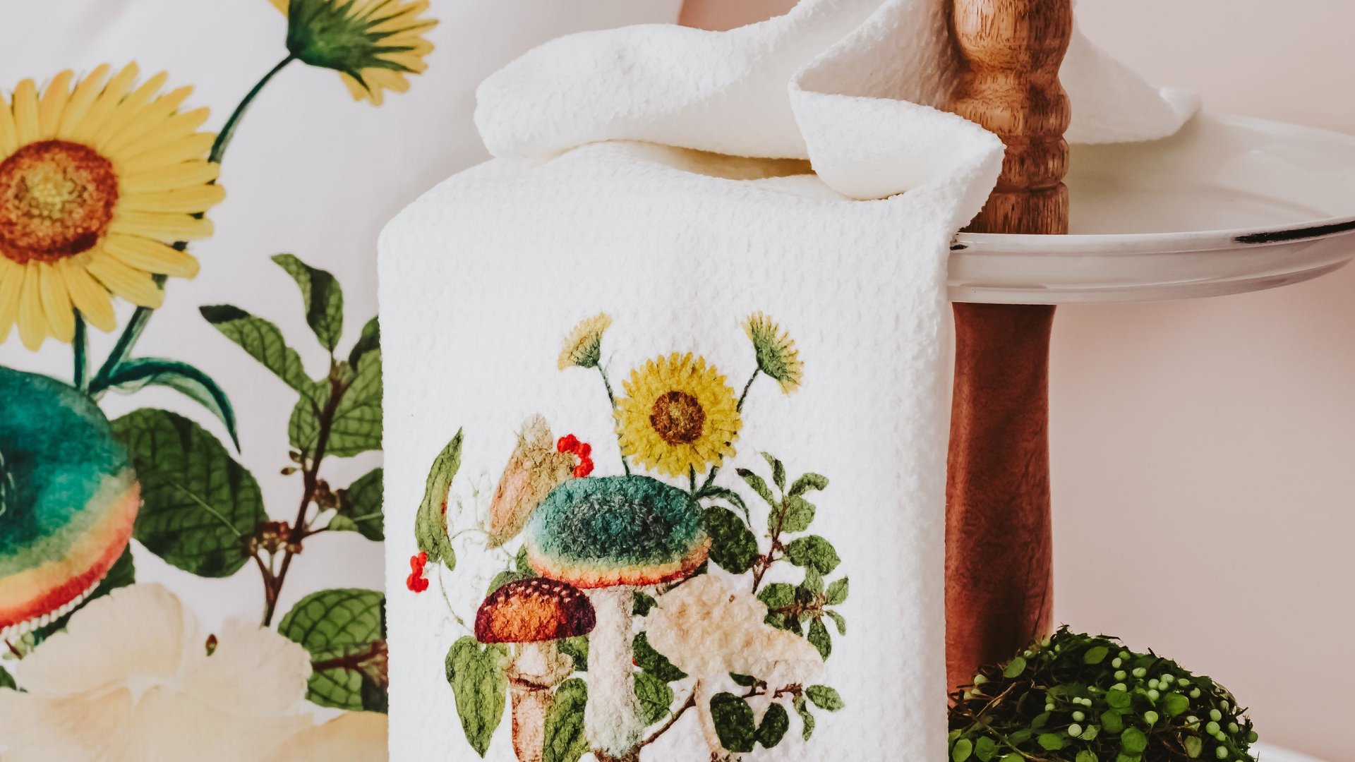 mushroom throw pillow for couch, toadstool decor, mushroomcore green academia mushroom kitchen towels, new apartment gift for her, nature