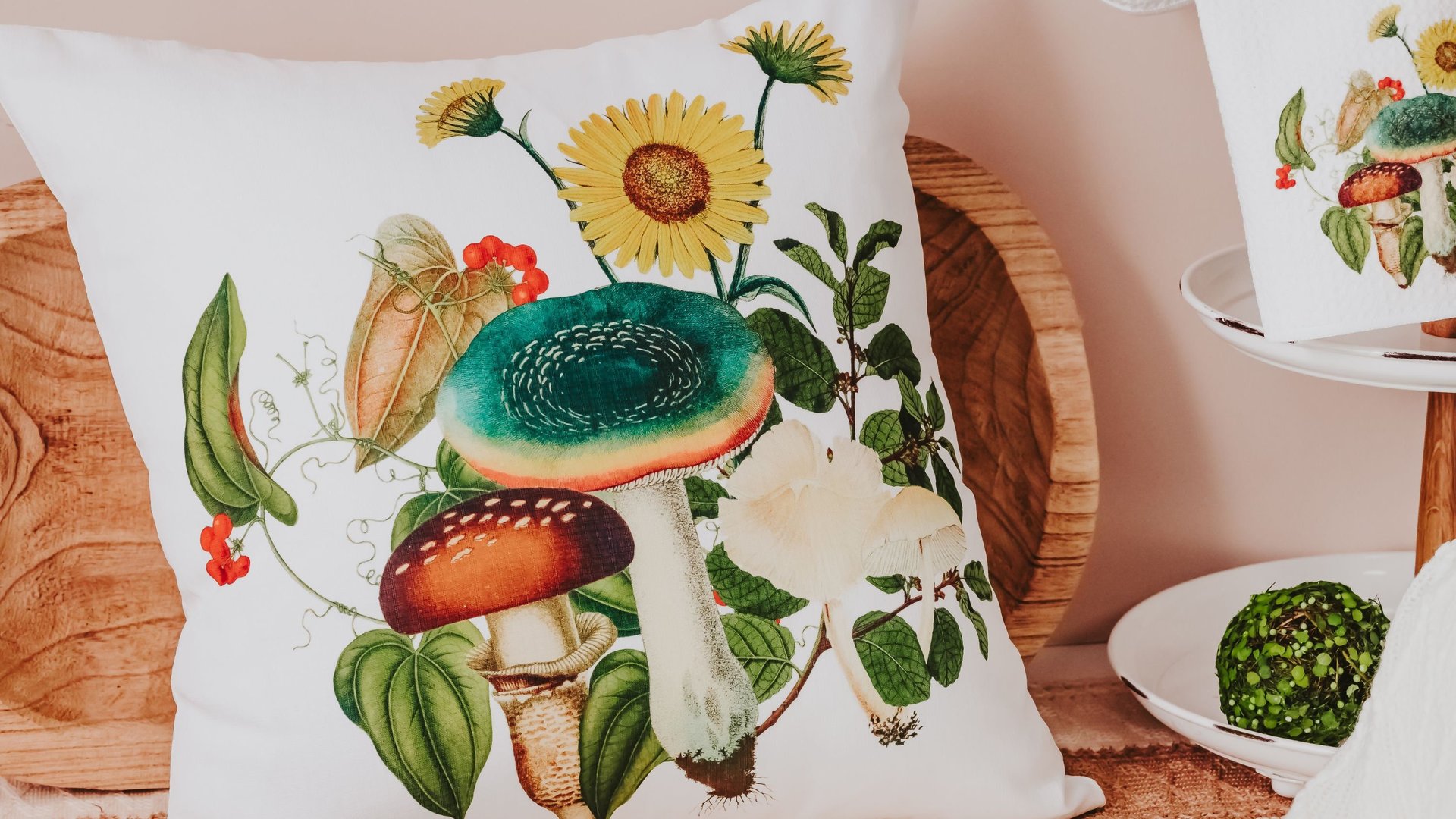 mushroom throw pillow for couch, toadstool decor, mushroomcore green academia mushroom kitchen towels, new apartment gift for her, nature