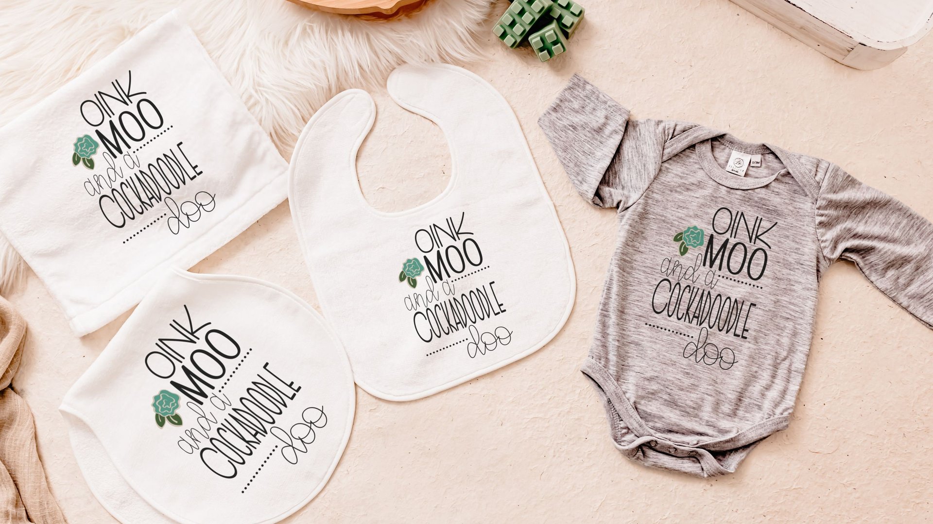 oink moo cockadoodle doo party outfit for baby girl coming home outfit, farm baby shower gift set, cute baby bibs, cow lovey blanket for