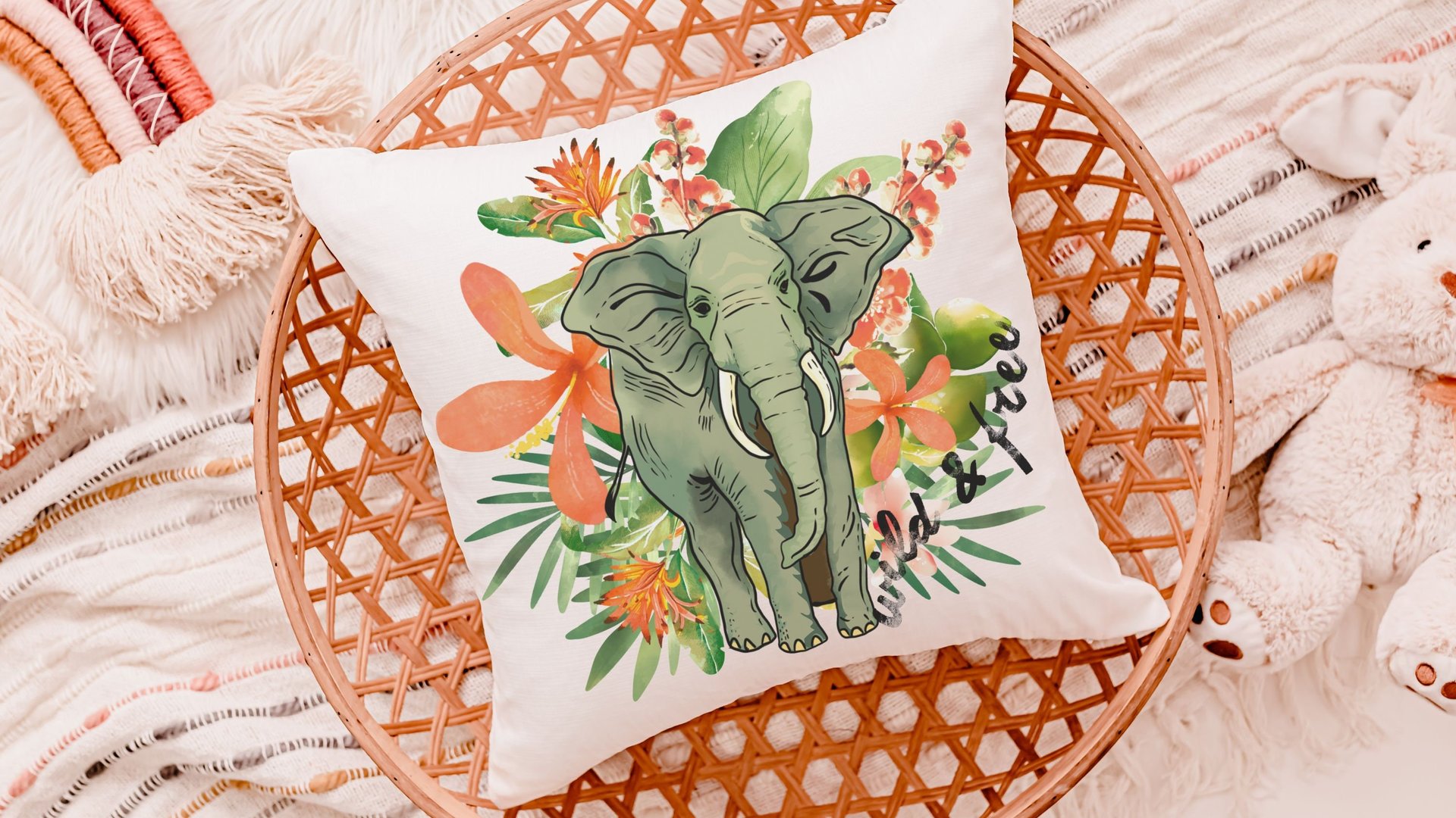 wild and free elephant throw pillow for bed funky decor, tropical decor for home, jungle nursery decor, elephant gifts for women, safari
