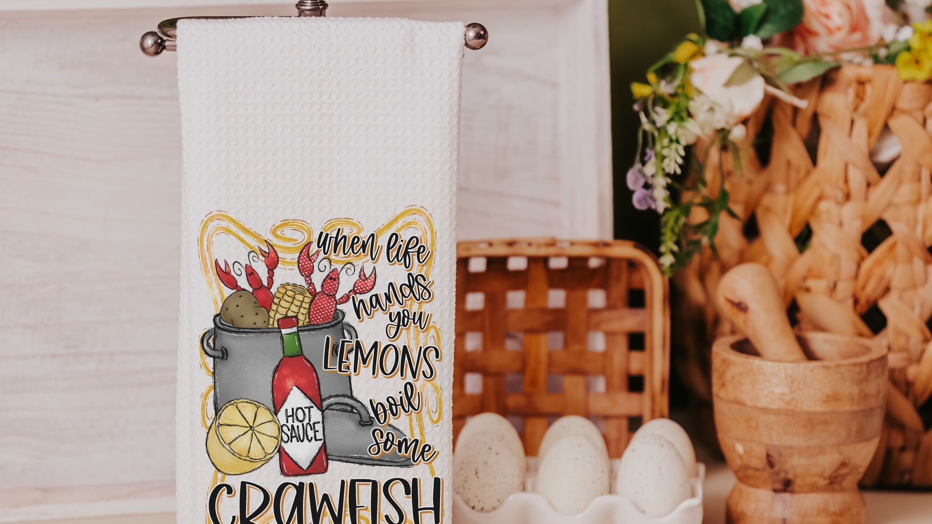 when life gives you lemons boil crawfish kitchen towels, Creole cooking crawfish boil Cajun kitchen decor, pinch the tail Louisiana gifts