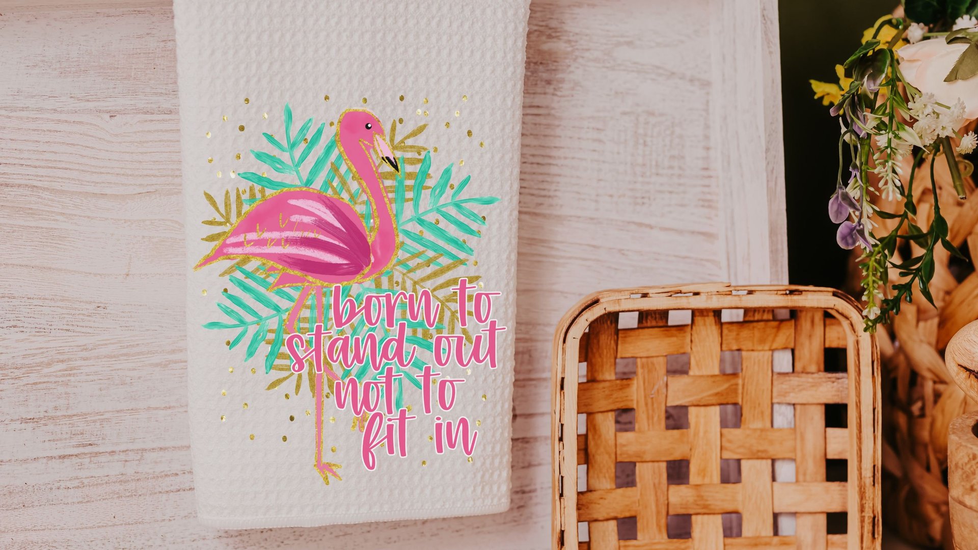 born to stand out flamingo hand towels for bathroom, tropical kitchen towels, flamingo kitchen decor, beach house gifts, flamingo gifts for